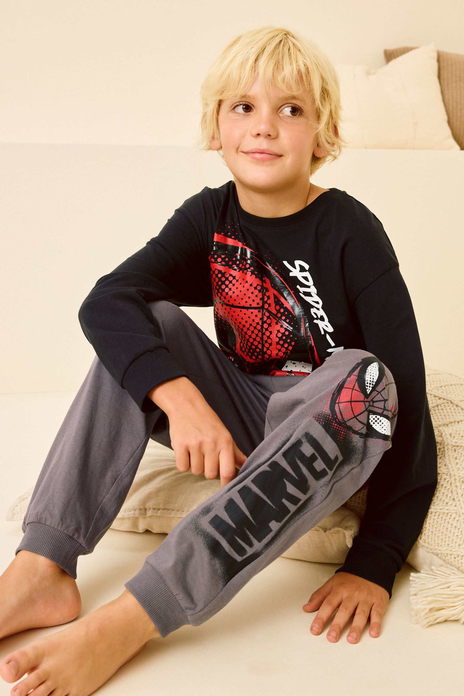 Black/Grey Spiderma Single Long Leg 100% Cotton Pyjamas (3-16yrs)