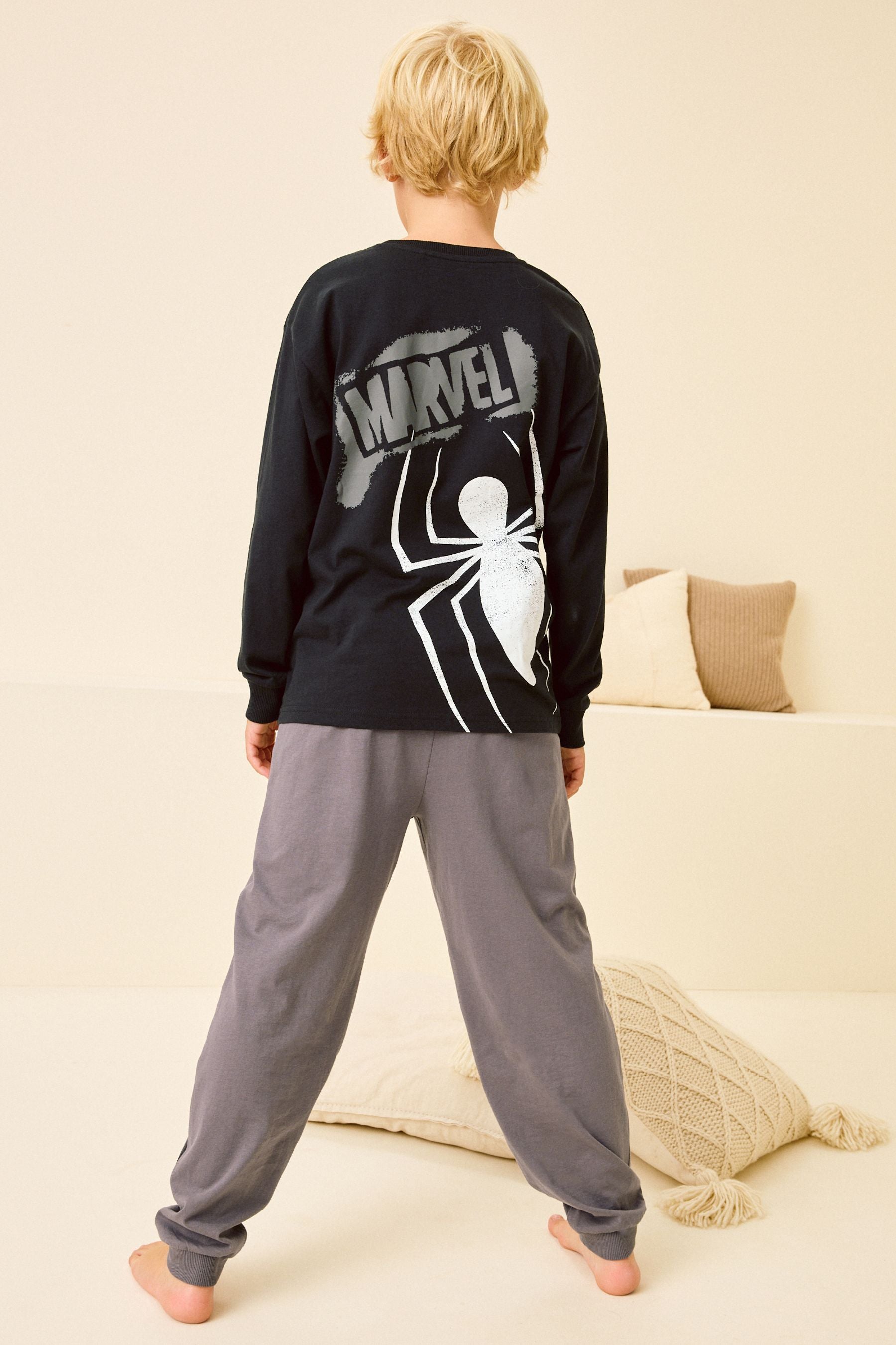 Black/Grey Spiderma Single Long Leg 100% Cotton Pyjamas (3-16yrs)