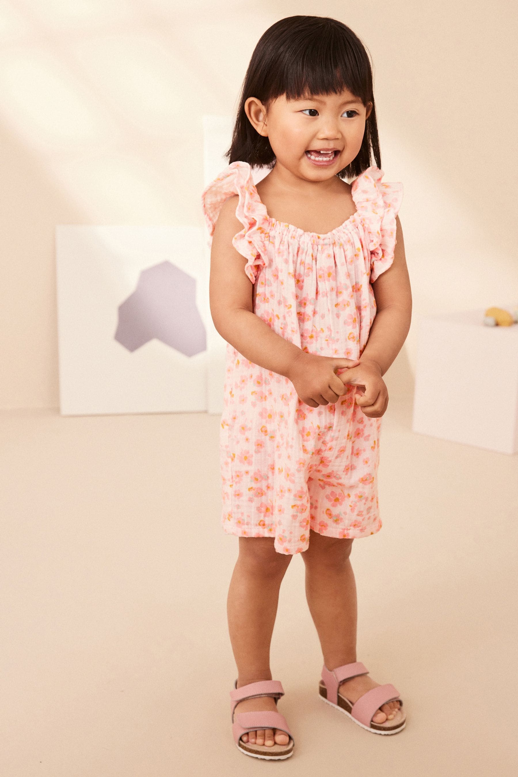 Pink Floral Print 100% Cotton Playsuit (3mths-7yrs)