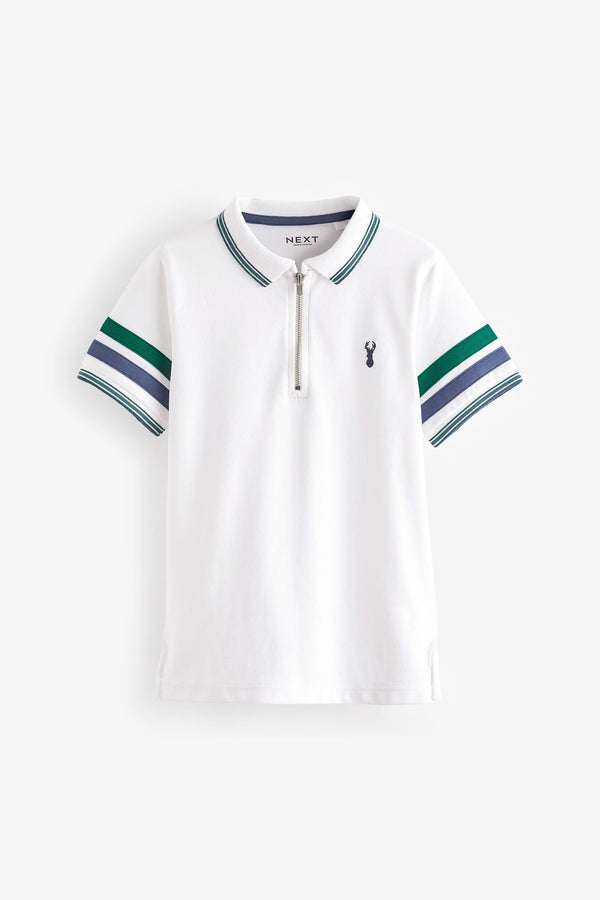 White/Green 100% Cotton Quarter Zip Colourblock Short Sleeve Polo Shirt (3-16yrs)