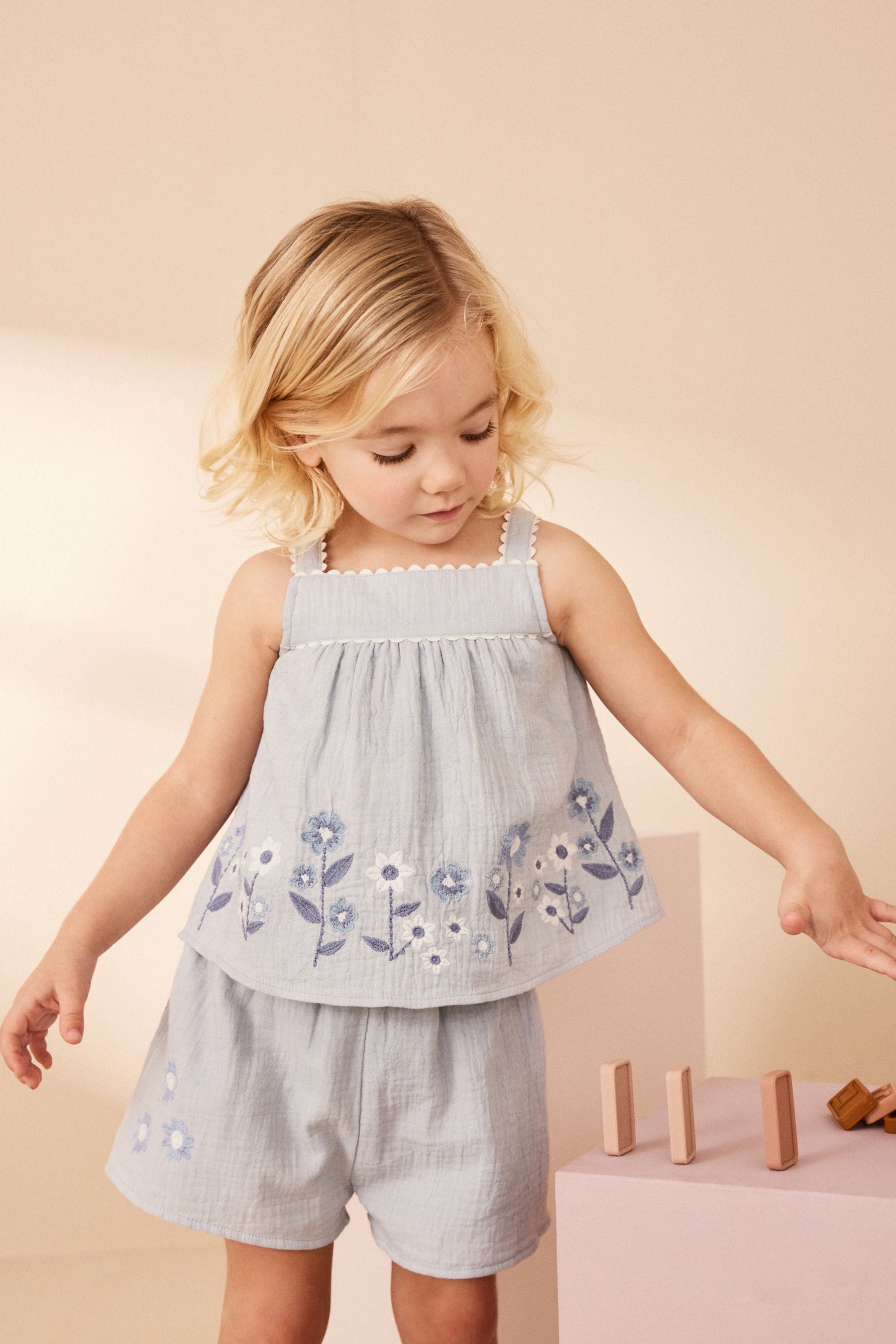 Blue Embroidered Top and Shorts Set (3mths-7yrs)