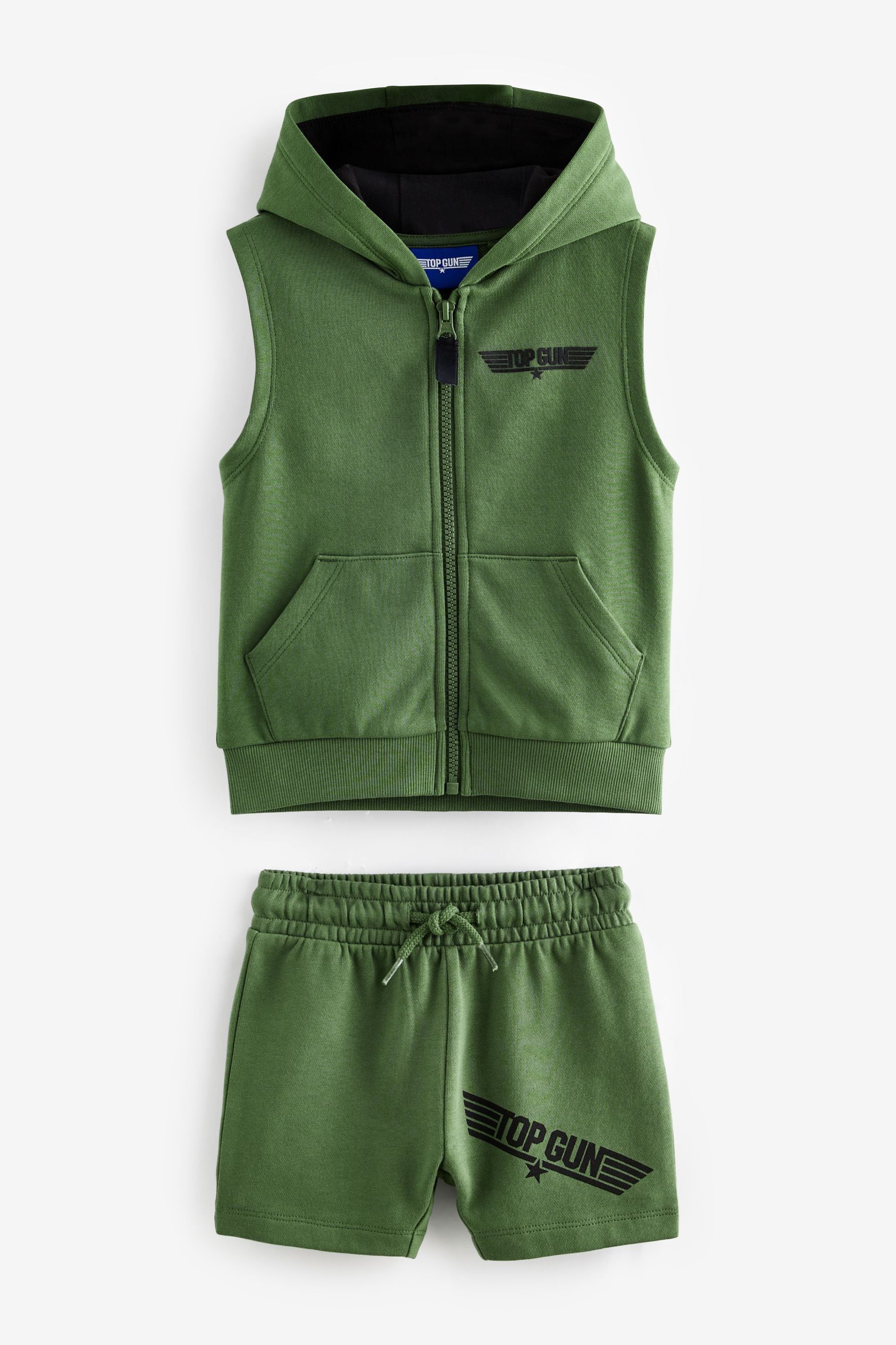 Khaki Green Top Gun Hooded Gilet and Short Set (3mths-8yrs)