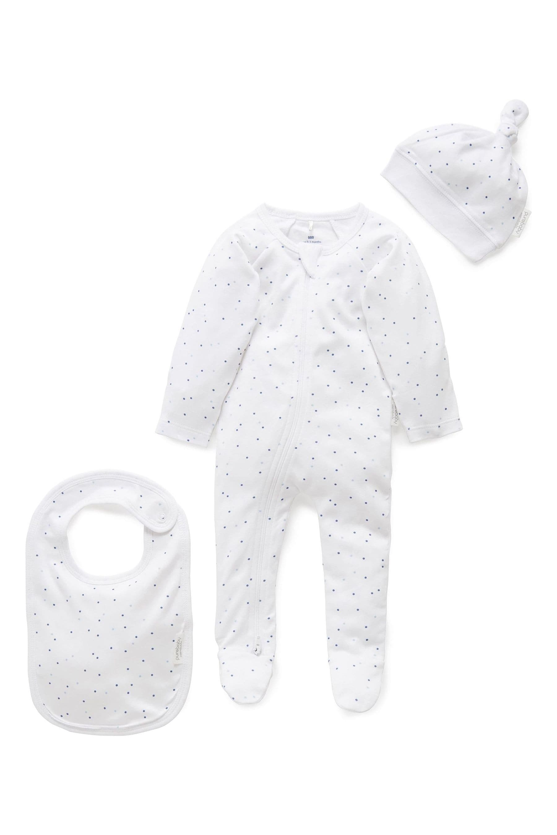 Purebaby 3 Piece Baby Hat, Bib & Sleepsuit Set