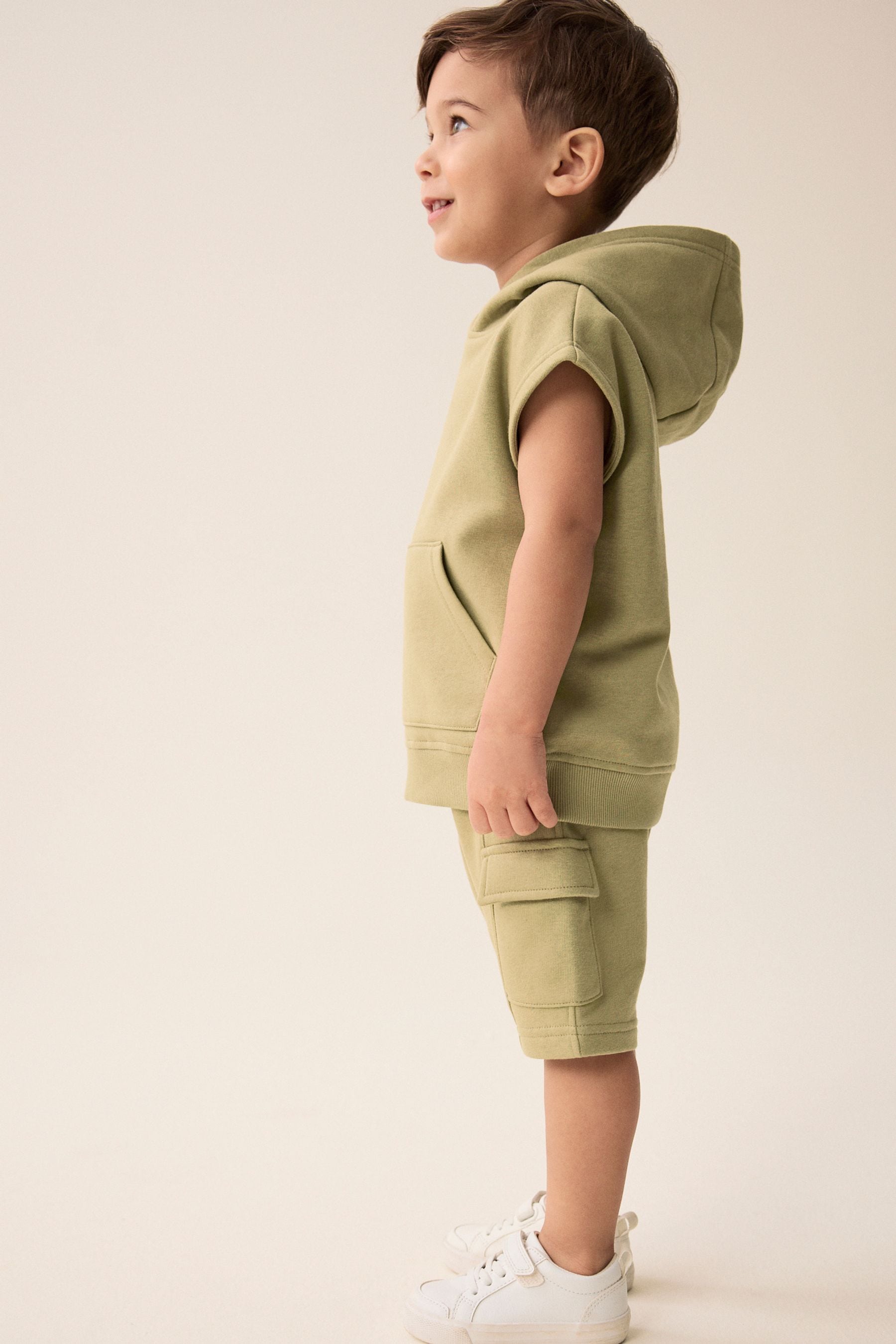 Khaki Green Short Sleeve Utility Hoodie and Shorts Set (3mths-7yrs)