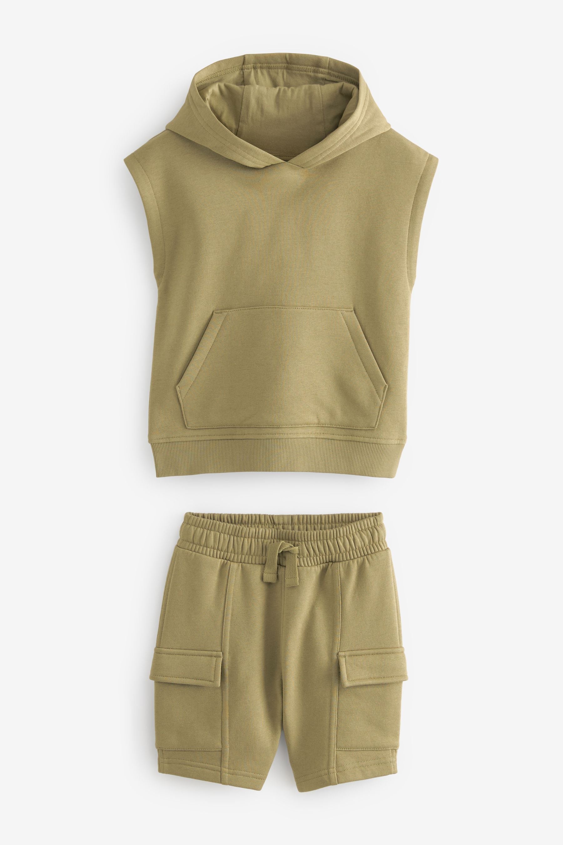 Khaki Green Short Sleeve Utility Hoodie and Shorts Set (3mths-7yrs)