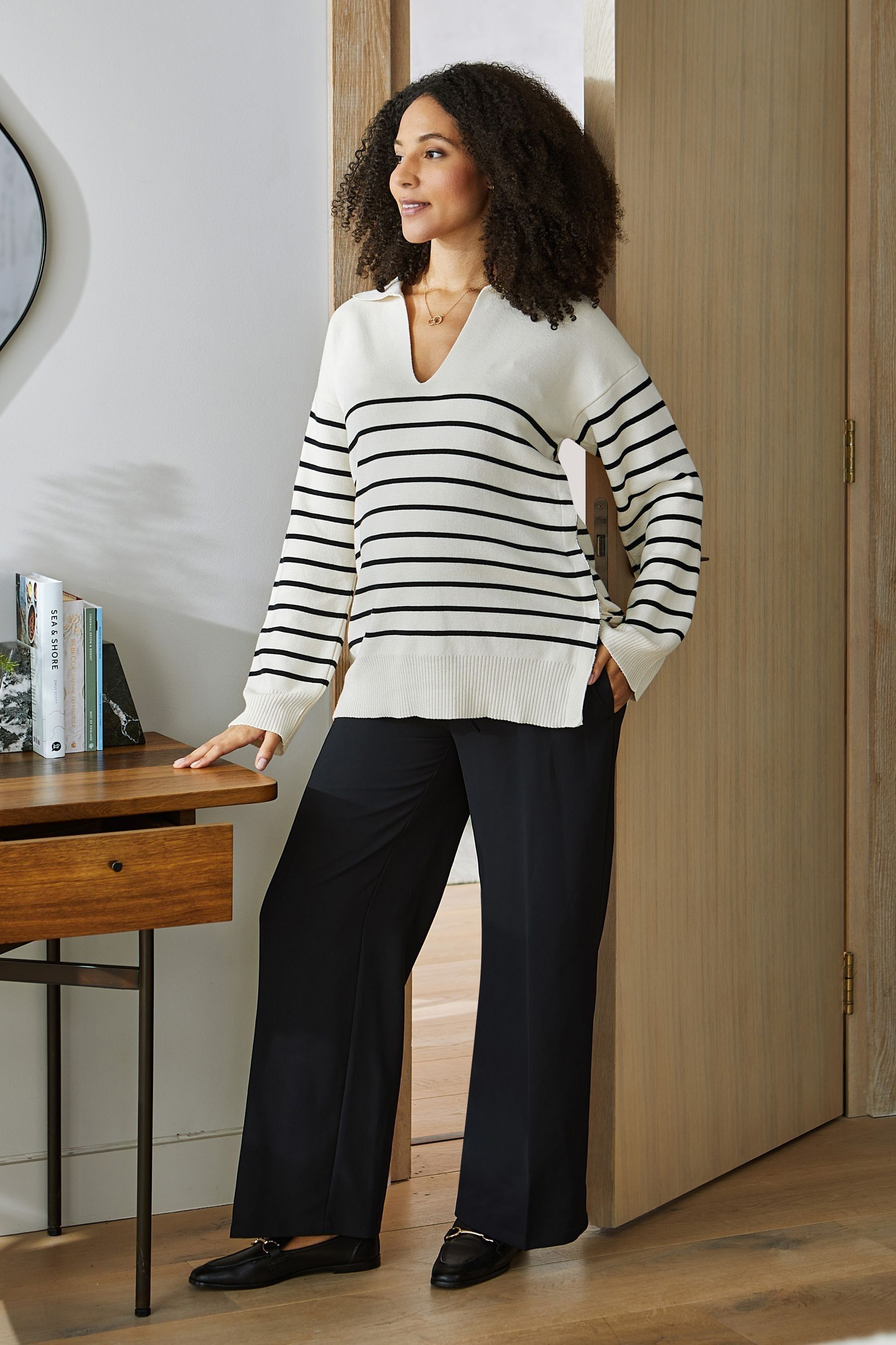 Cream & Black JoJo Maman Bébé Stripe Collared Maternity & Nursing Jumper