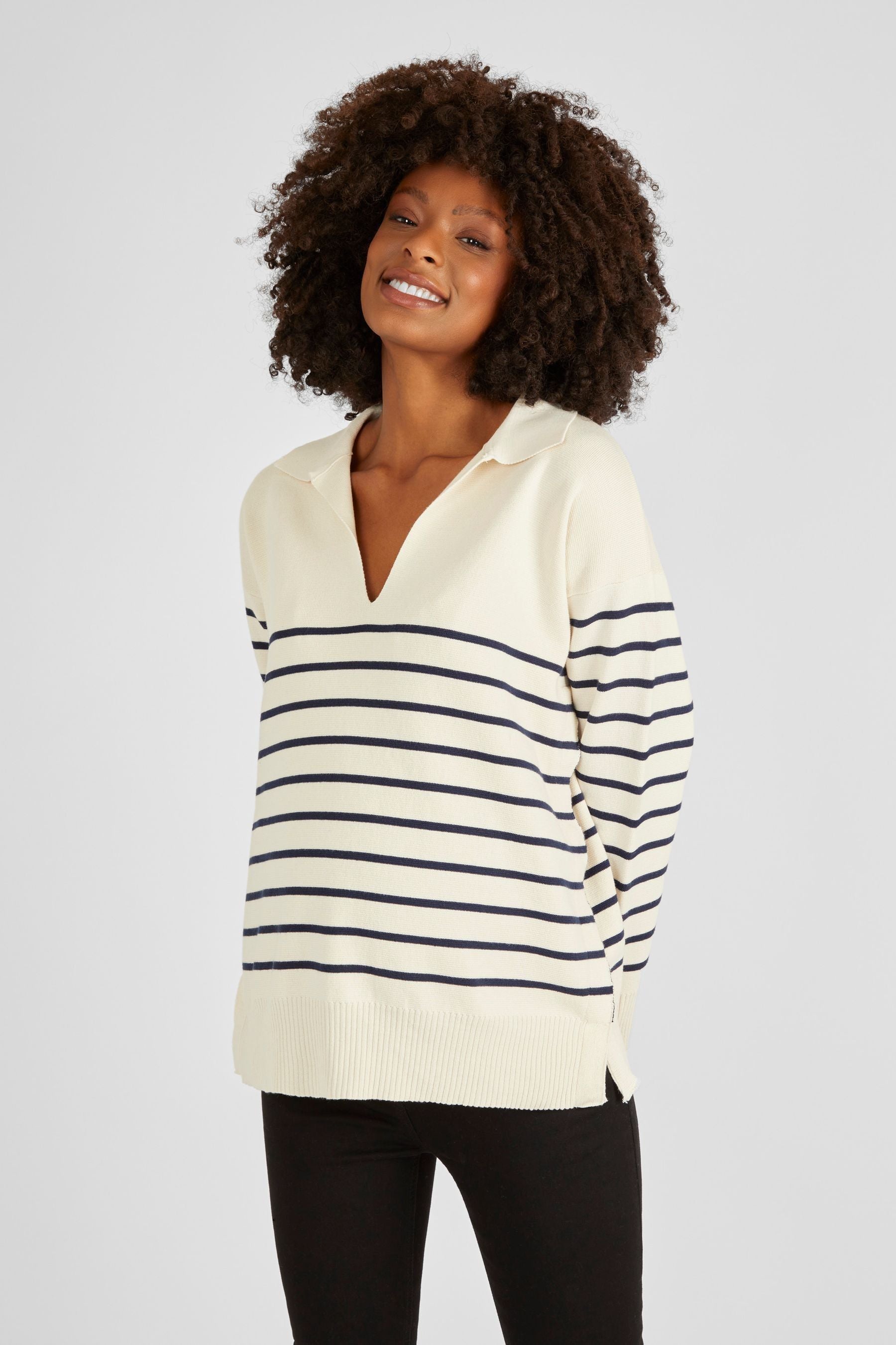 Cream & Black JoJo Maman Bébé Stripe Collared Maternity & Nursing Jumper