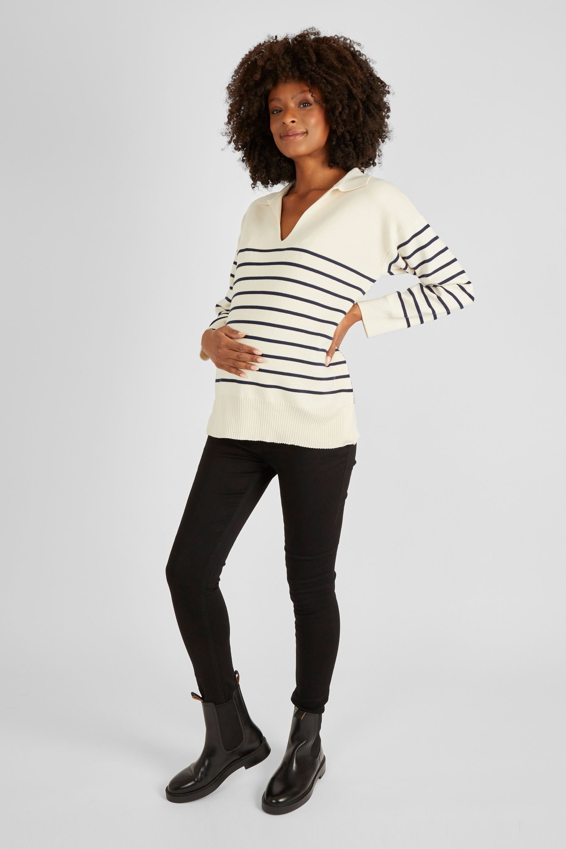 Cream & Black JoJo Maman Bébé Stripe Collared Maternity & Nursing Jumper