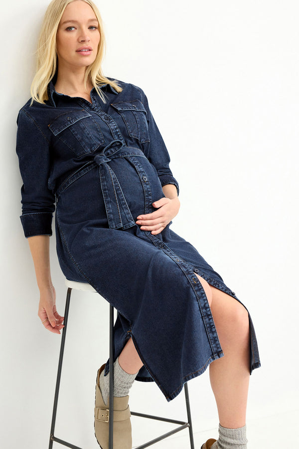 Blue Maternity Longline Belted Denim Dress