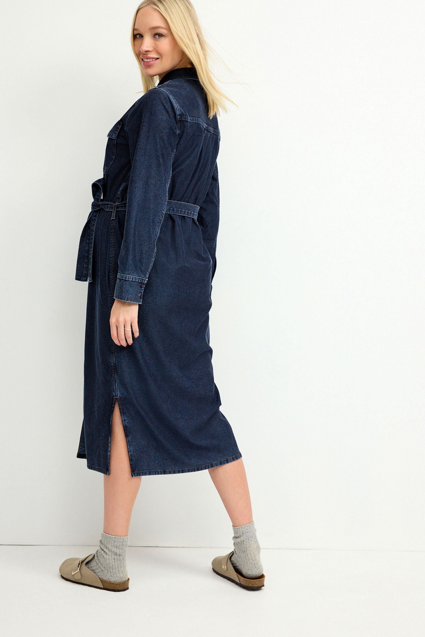 Blue Maternity Longline Belted Denim Dress