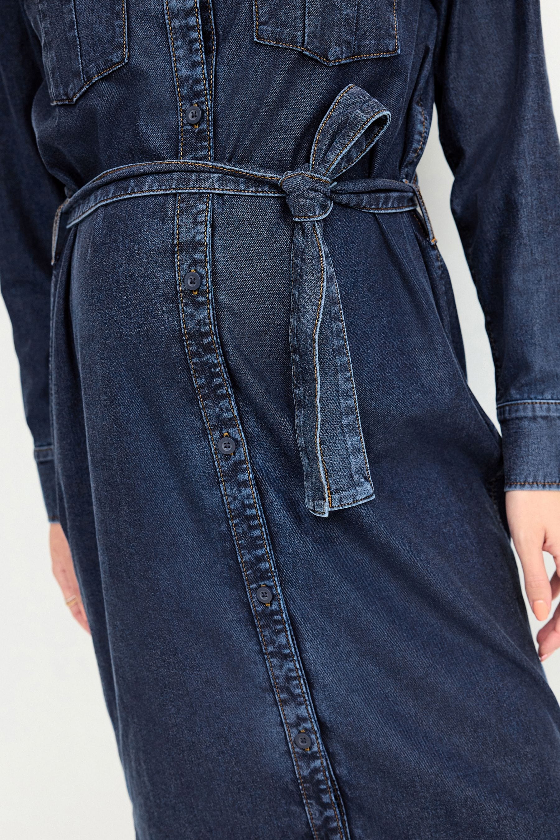 Blue Maternity Longline Belted Denim Dress