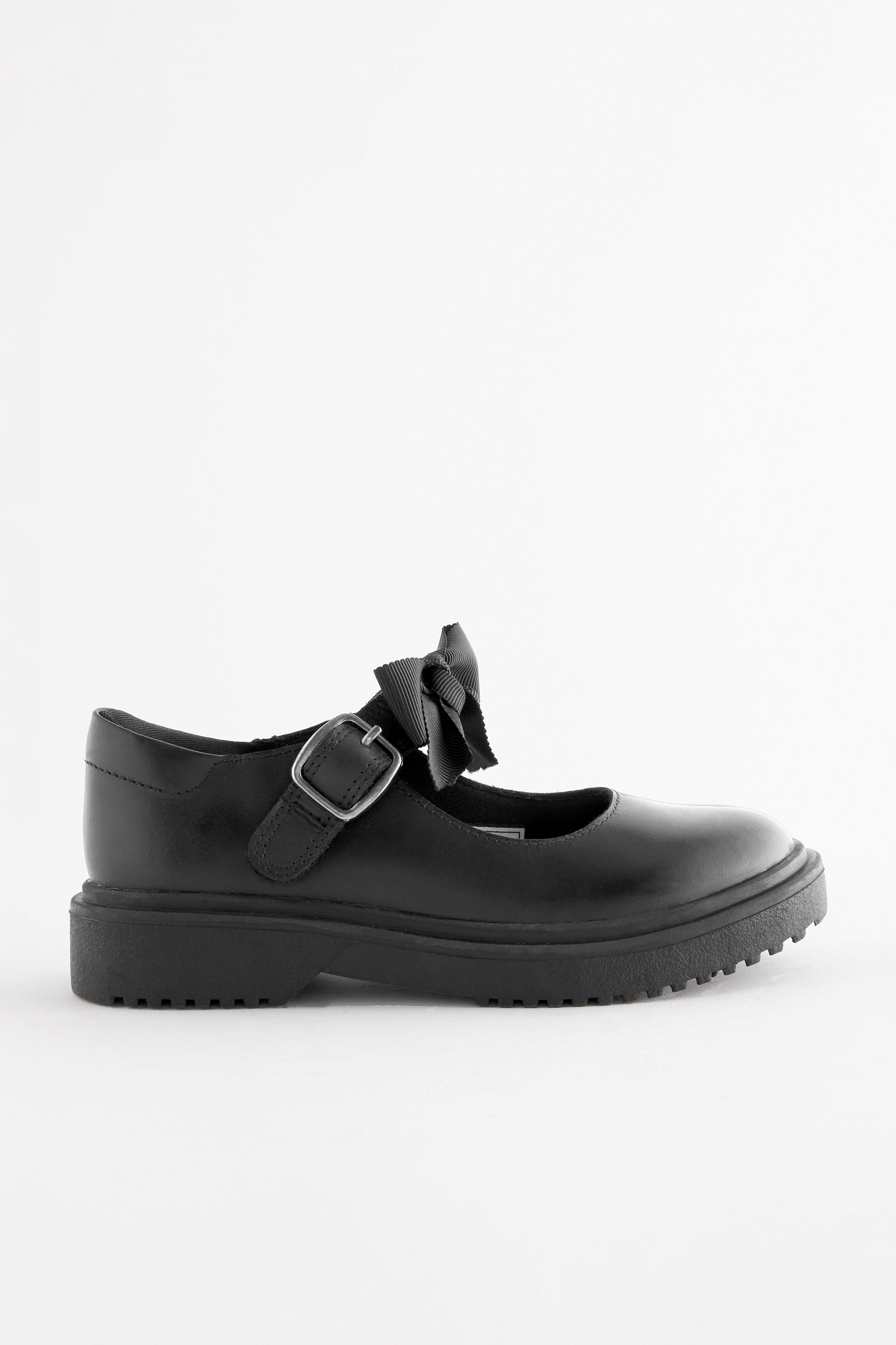 Matt Black Wide Fit (G) Leather Bow Chunky Mary Jane School Shoes