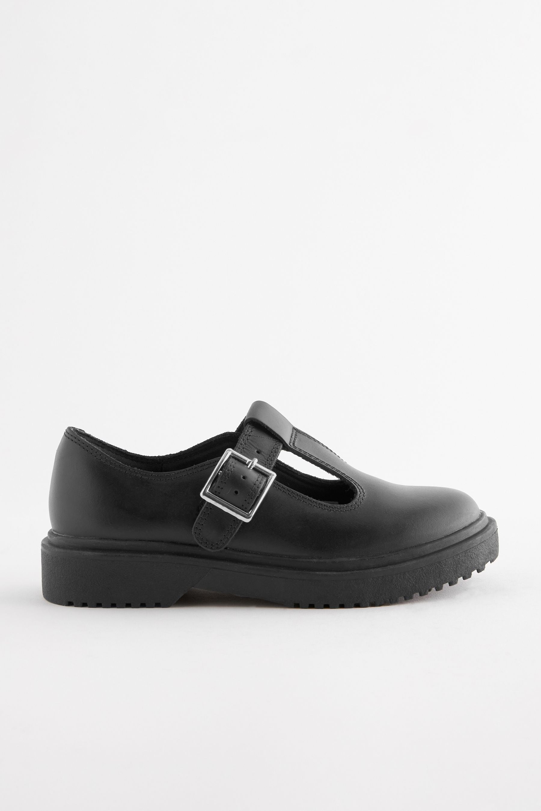 Matt Black Leather T-Bar Chunky School Shoes