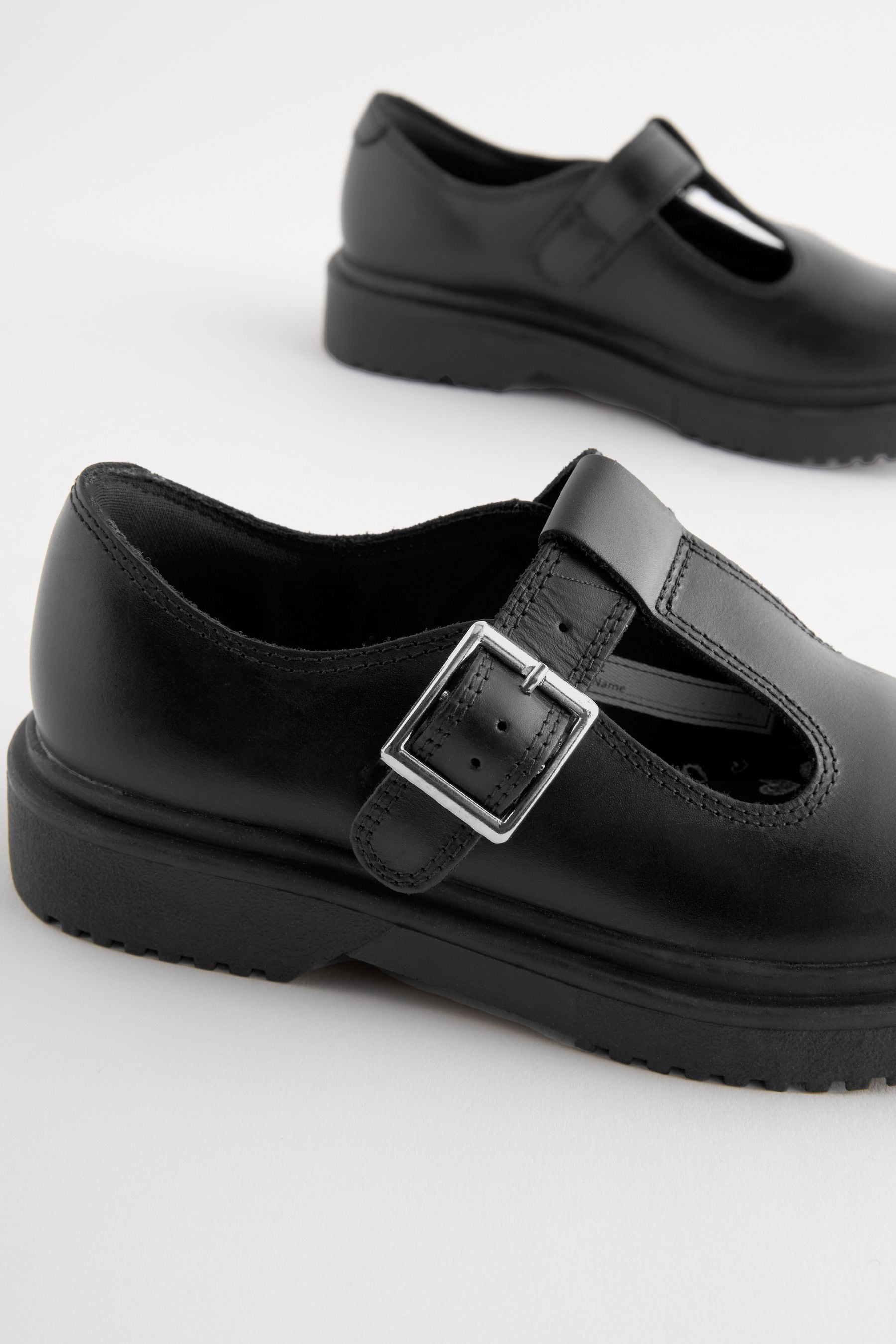 Matt Black Leather T-Bar Chunky School Shoes