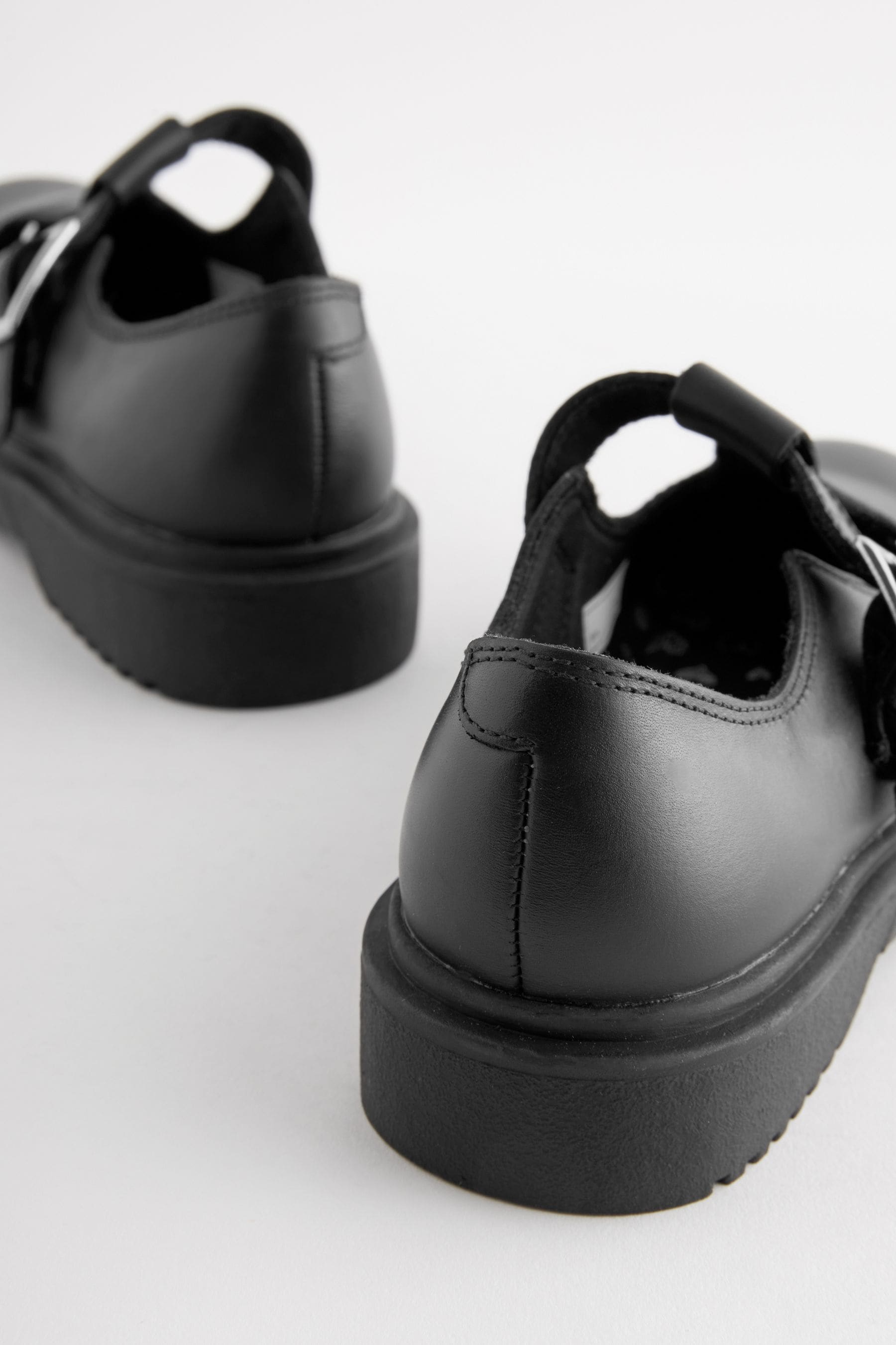 Matt Black Leather T-Bar Chunky School Shoes