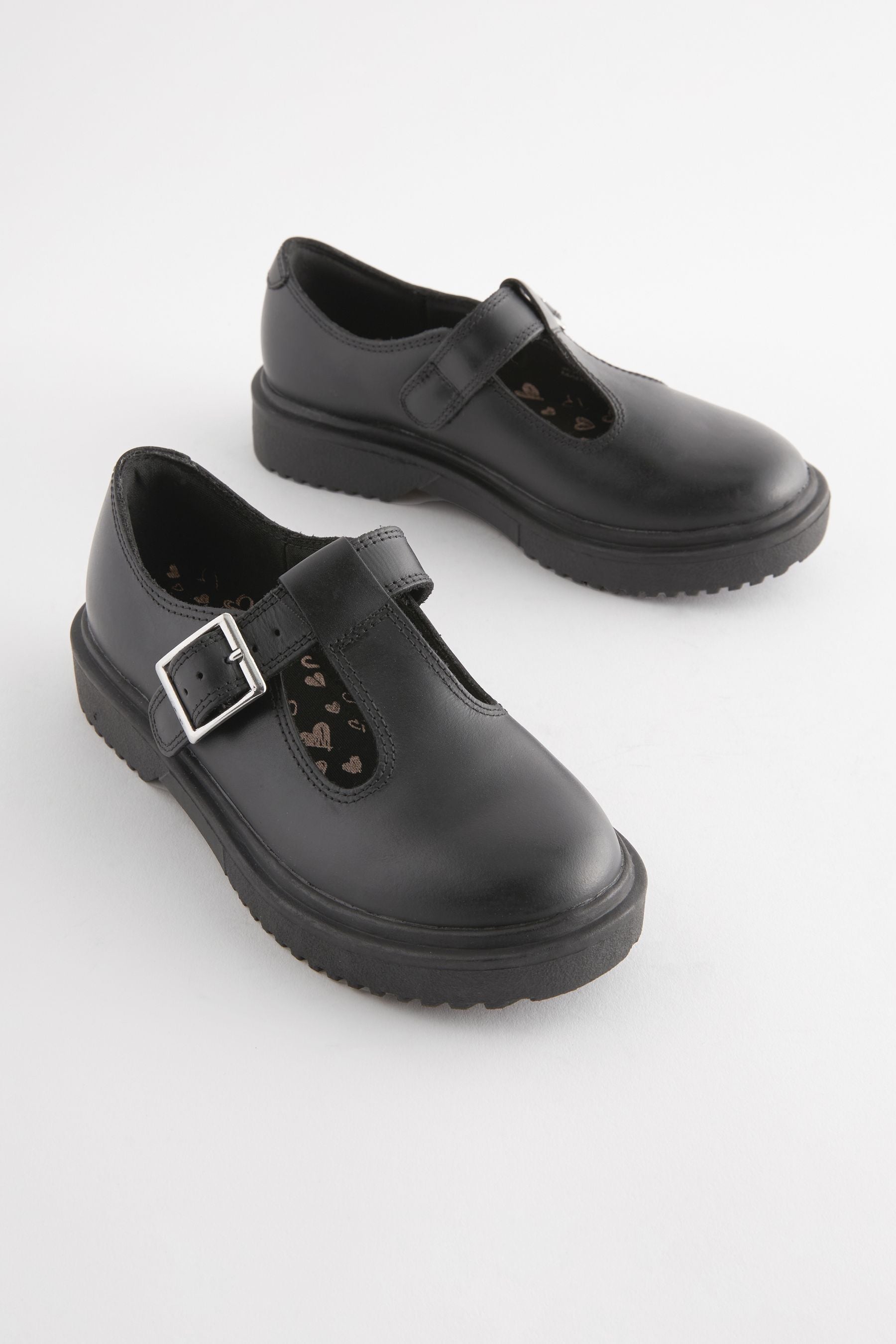 Matt Black Leather T-Bar Chunky School Shoes