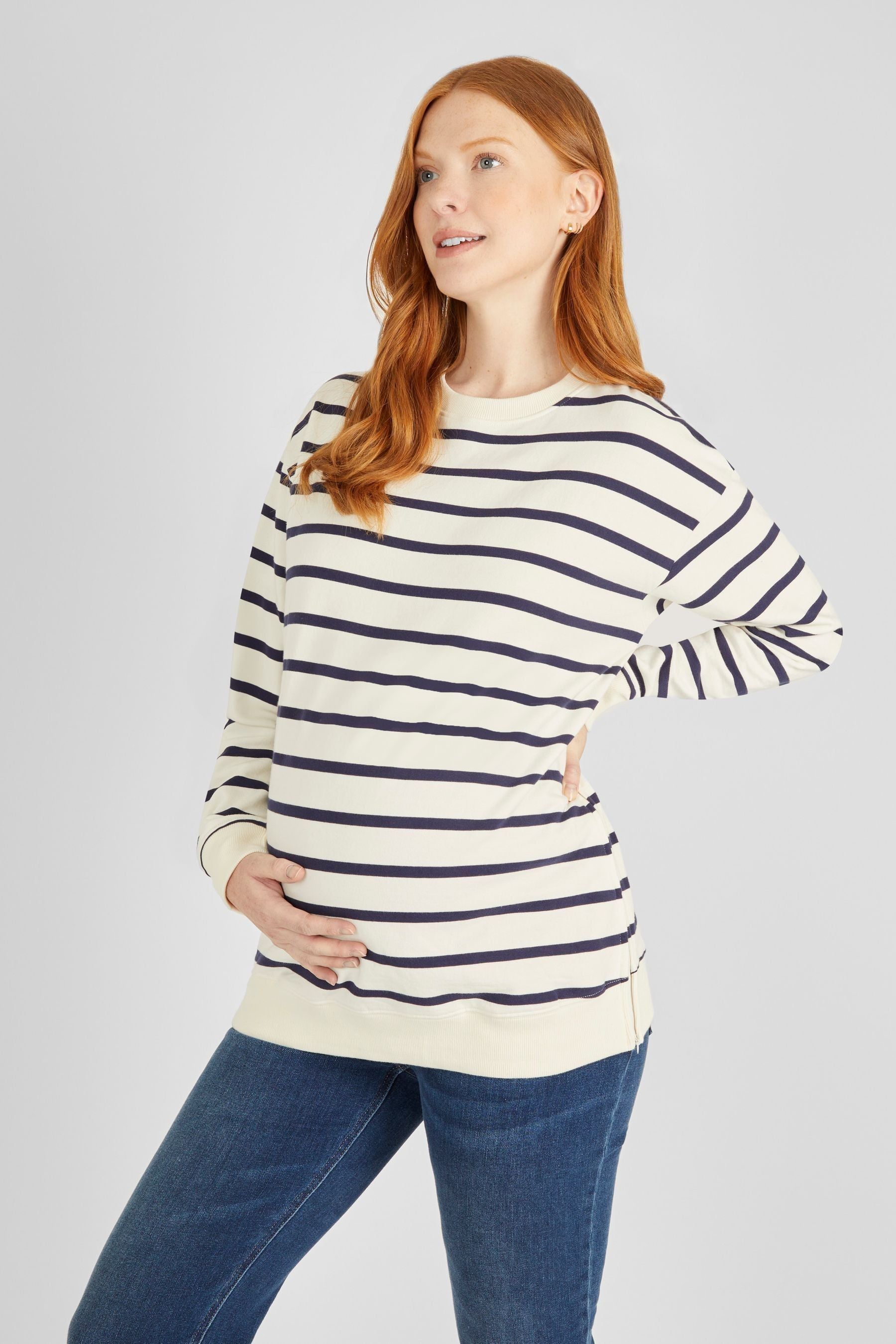 Cream & Navy Blue Stripe JoJo Maman Bébé Maternity & Nursing Sweatshirt