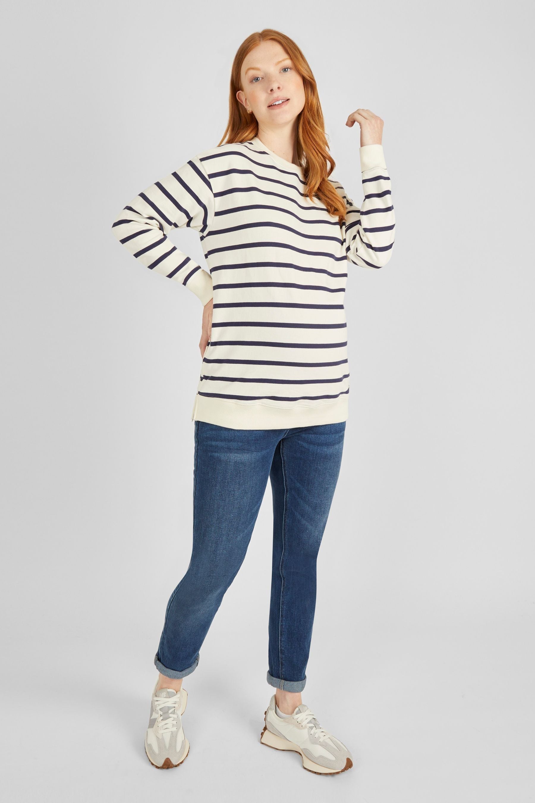 JoJo Maman Bébé Cream & Navy Blue Stripe Maternity & Nursing Sweatshirt