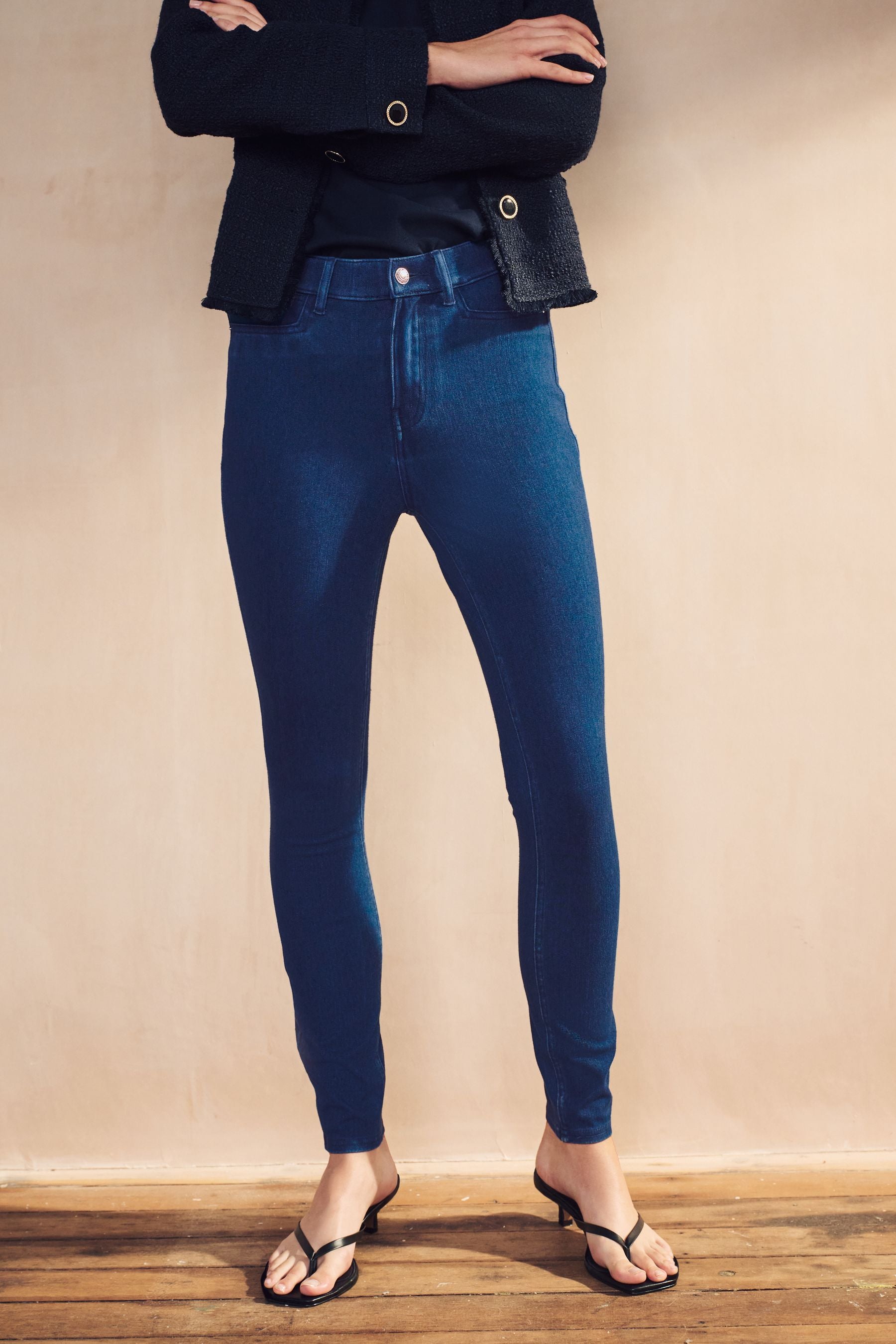 Dark Blue Fly Fasten Jersey Denim Leggings