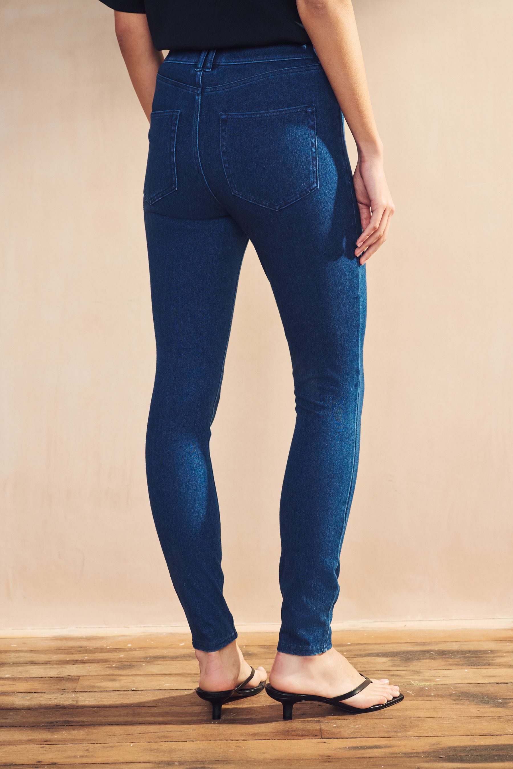 Dark Blue Fly Fasten Jersey Denim Leggings