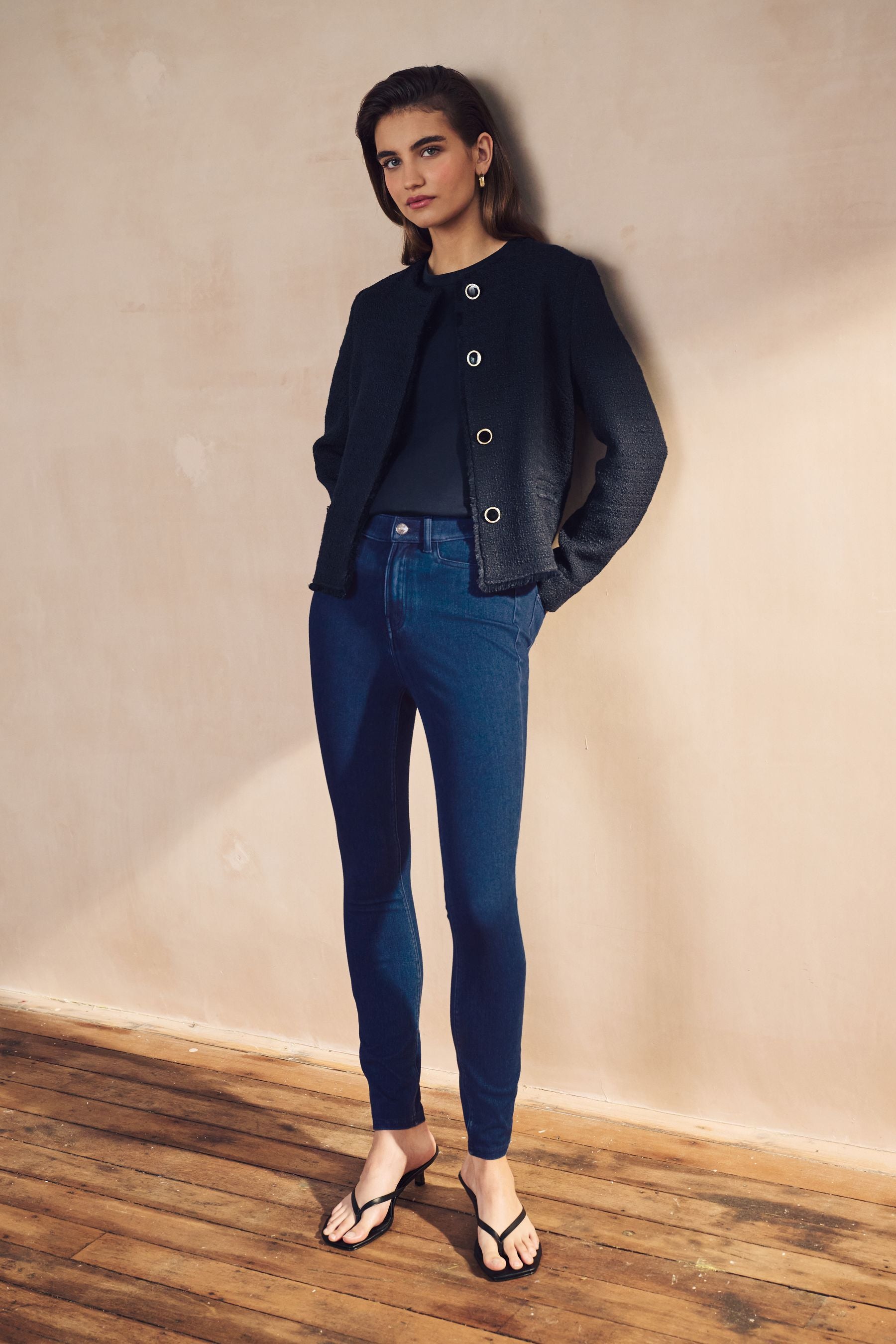 Dark Blue Fly Fasten Jersey Denim Leggings