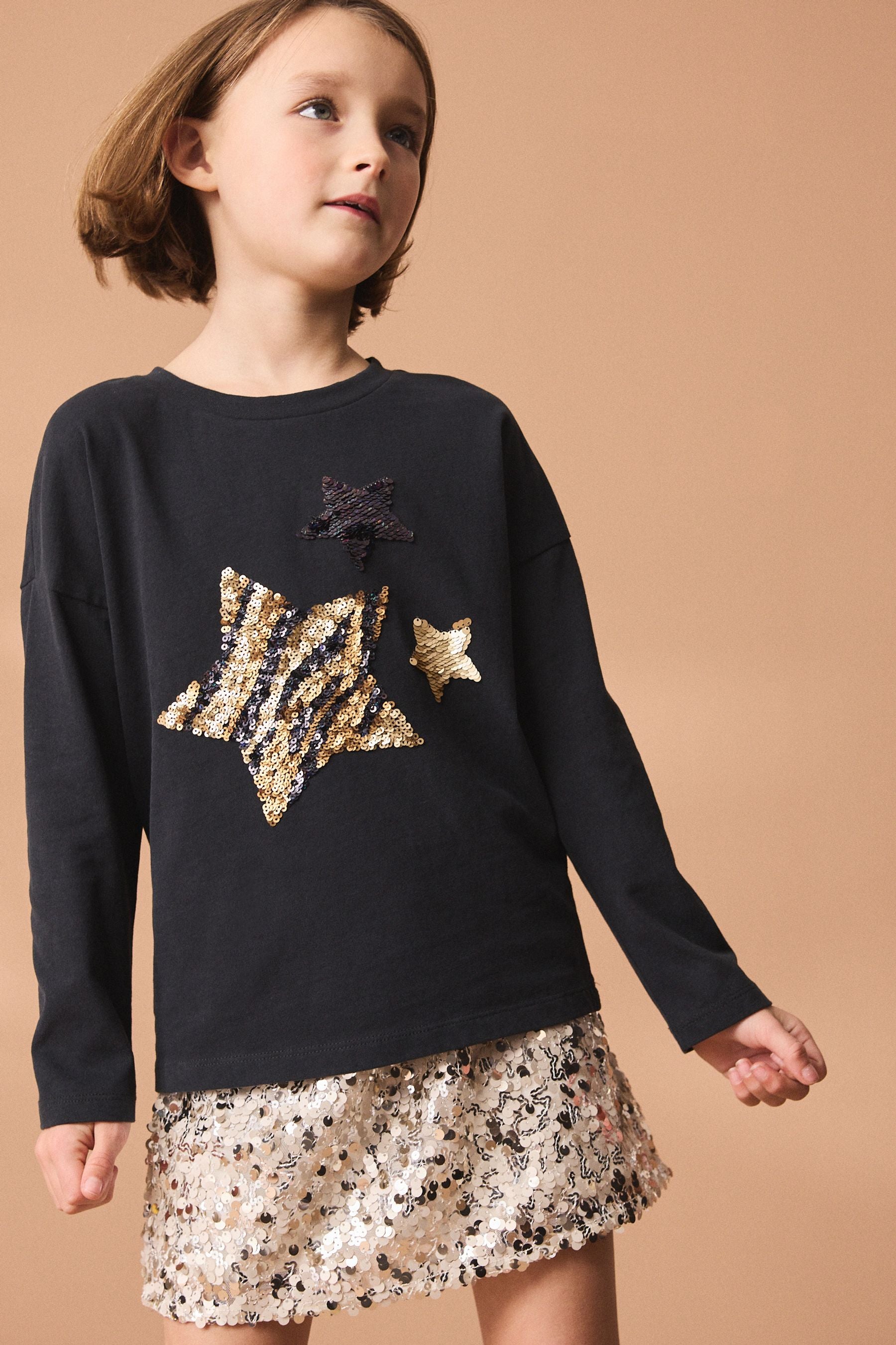 Black Sequin Star Long Sleeve T-Shirt (3-16yrs)