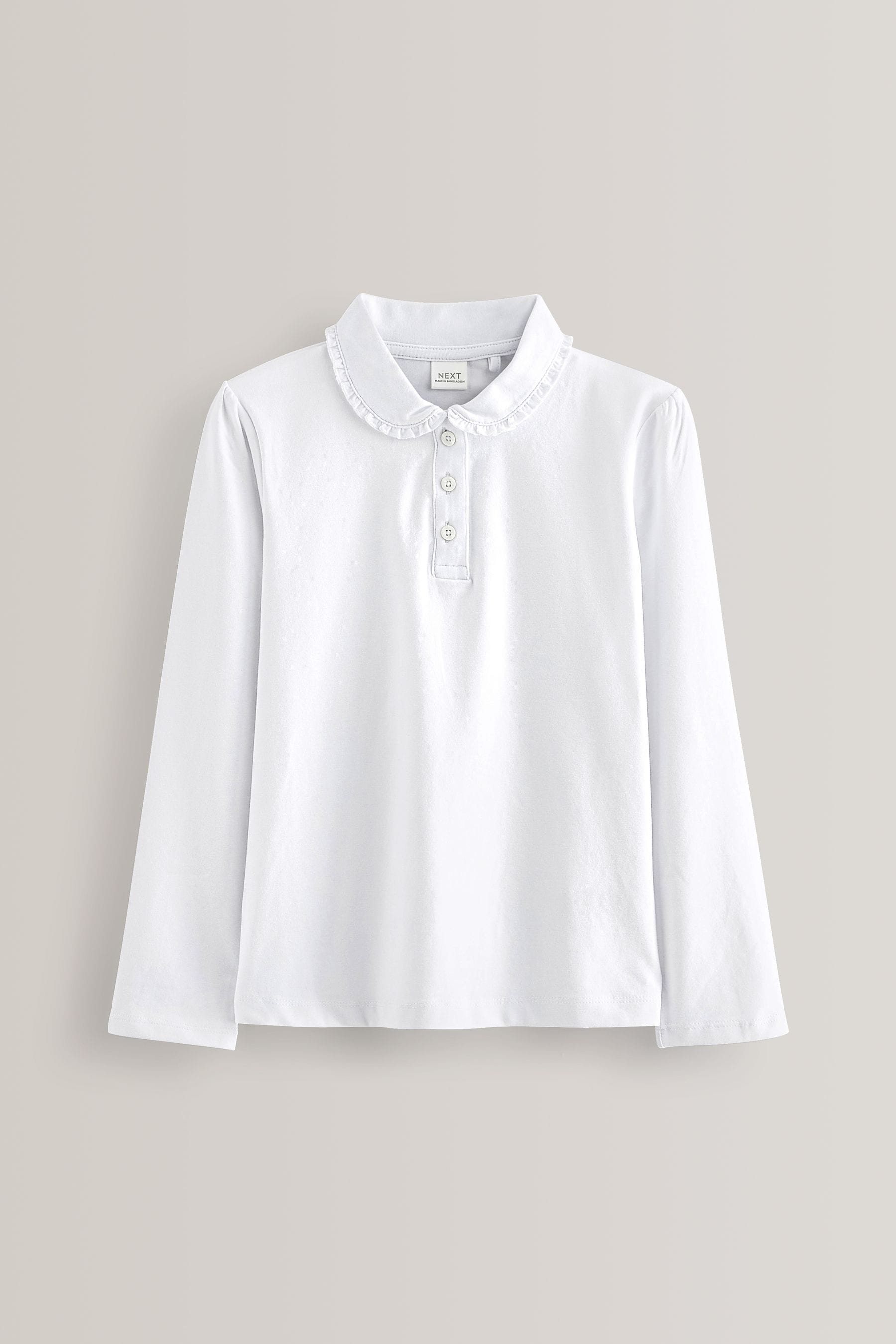 White Cotton stretch Long Sleeve Frill Collar School Polo Tops 2 Pack (3-14yrs)