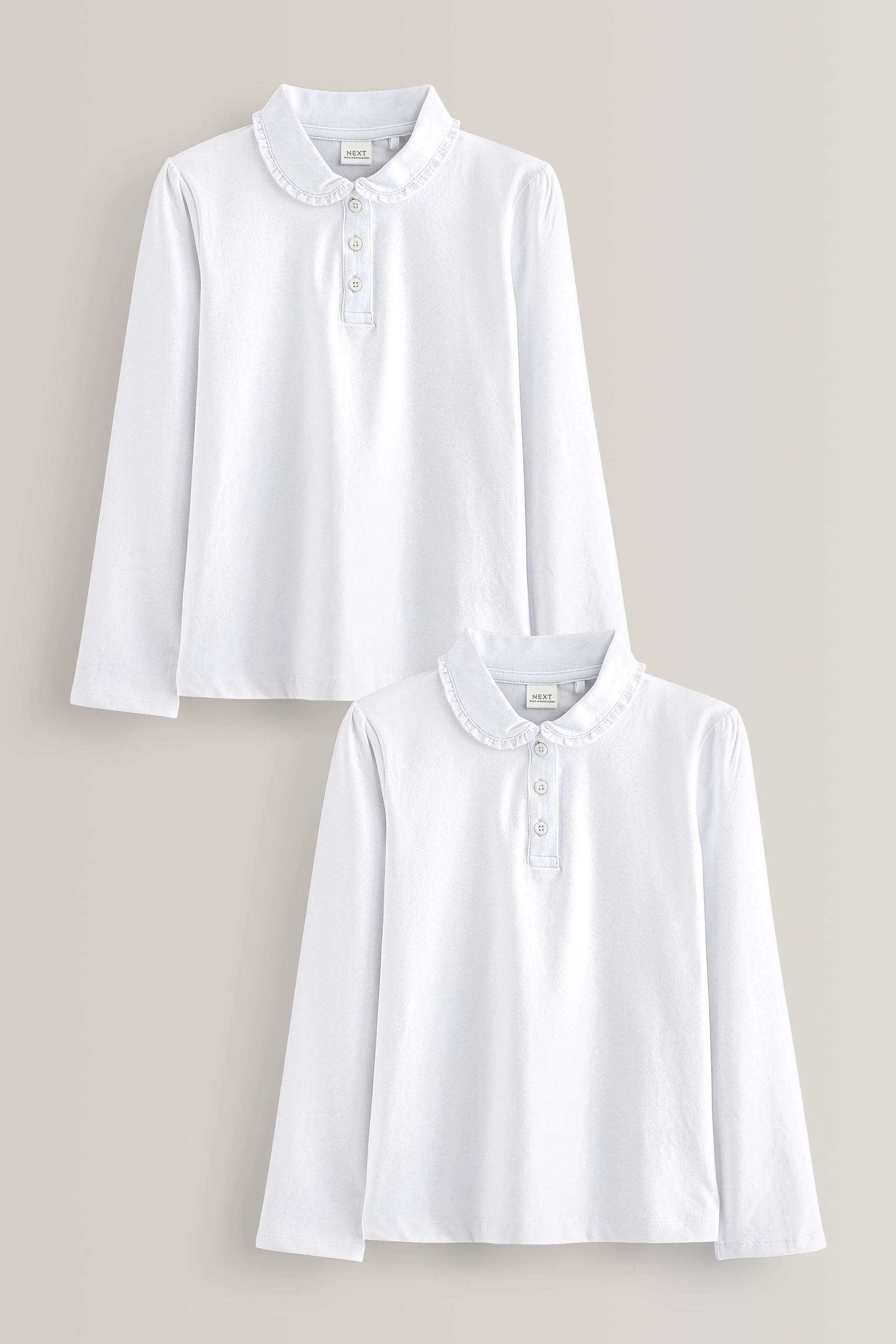 White Cotton stretch Long Sleeve Frill Collar School Polo Tops 2 Pack (3-14yrs)