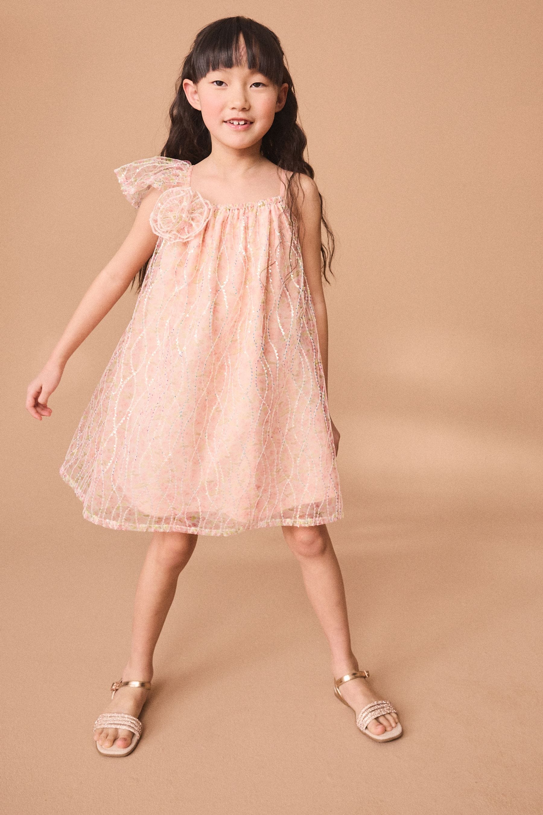 Pink Floral Sequin One Shoulder Party Dress (3-16yrs)