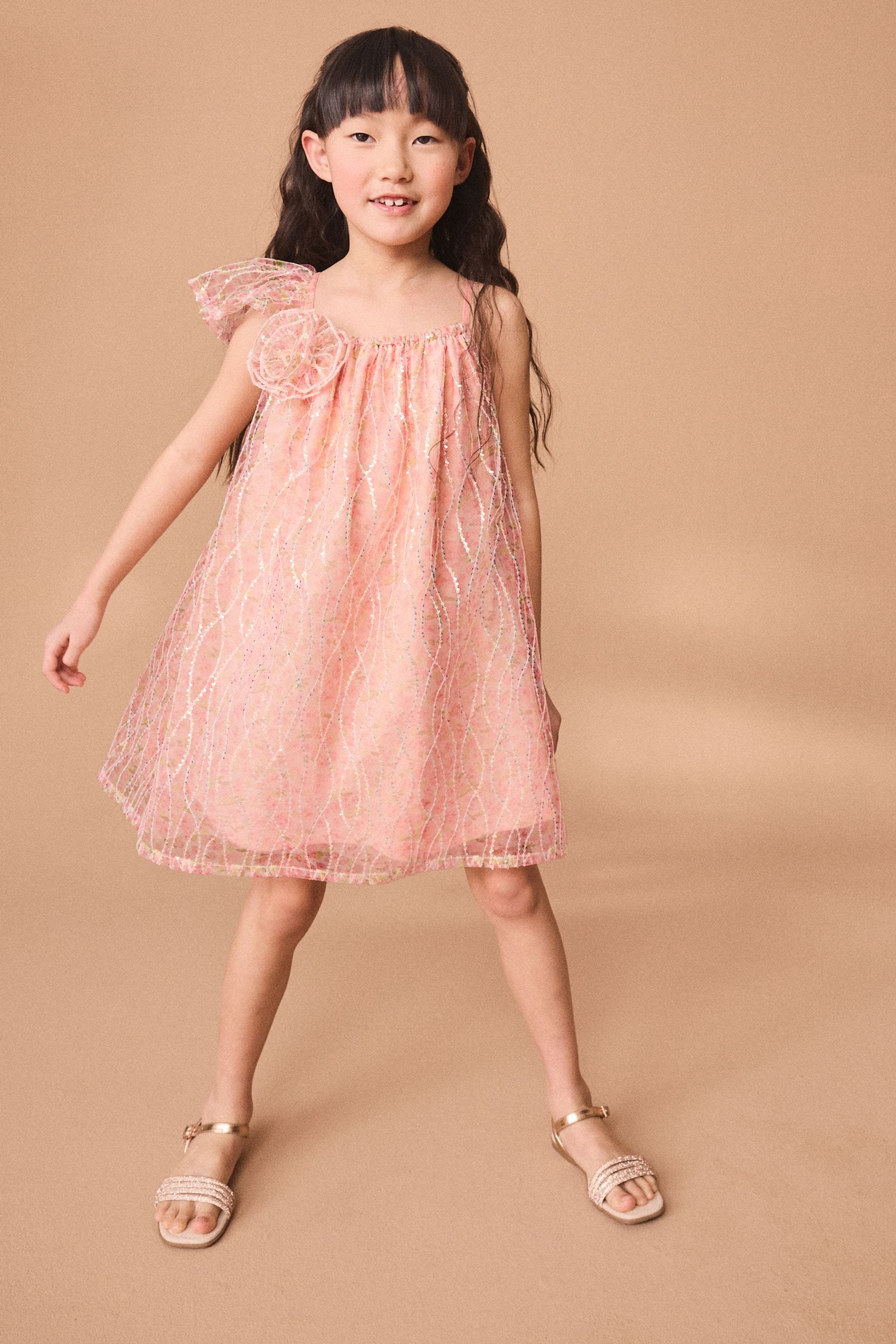 Pink Floral Sequin One Shoulder Party Dress (3-16yrs)