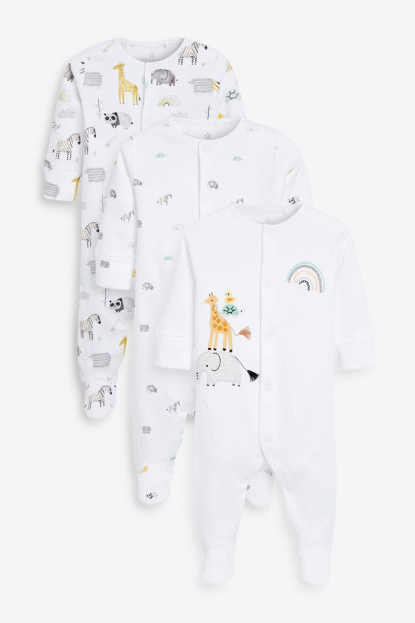 White Safari 3 Pack Delicate Appliqu Baby Sleepsuits (0-2yrs)-<span style="color: #ff2a00;">Fawry</span>