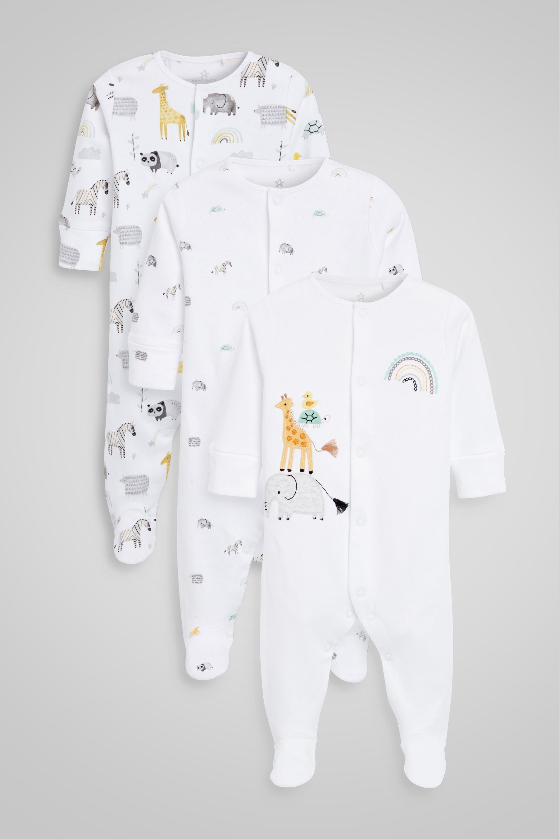 White Safari 3 Pack Delicate Appliqu Baby Sleepsuits (0-2yrs)-<span style="color: #ff2a00;">Fawry</span>