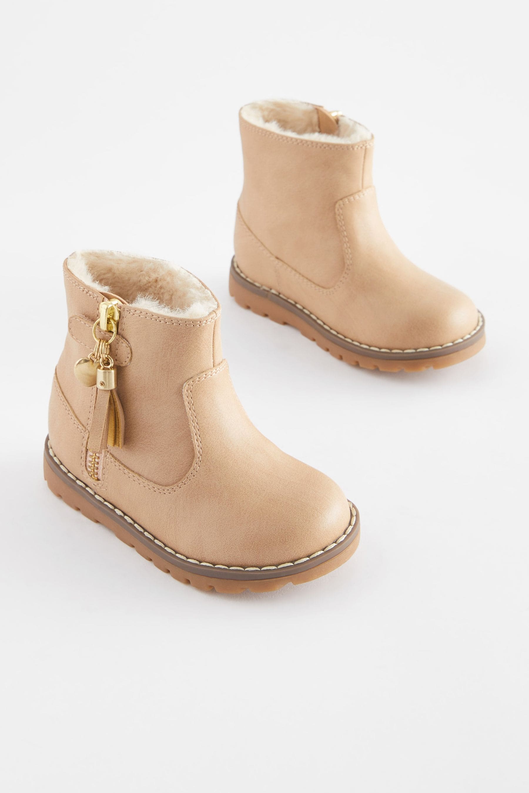 Beige Brown Wide Fit (G) Warm Lined Tassel Detail Zip Boots