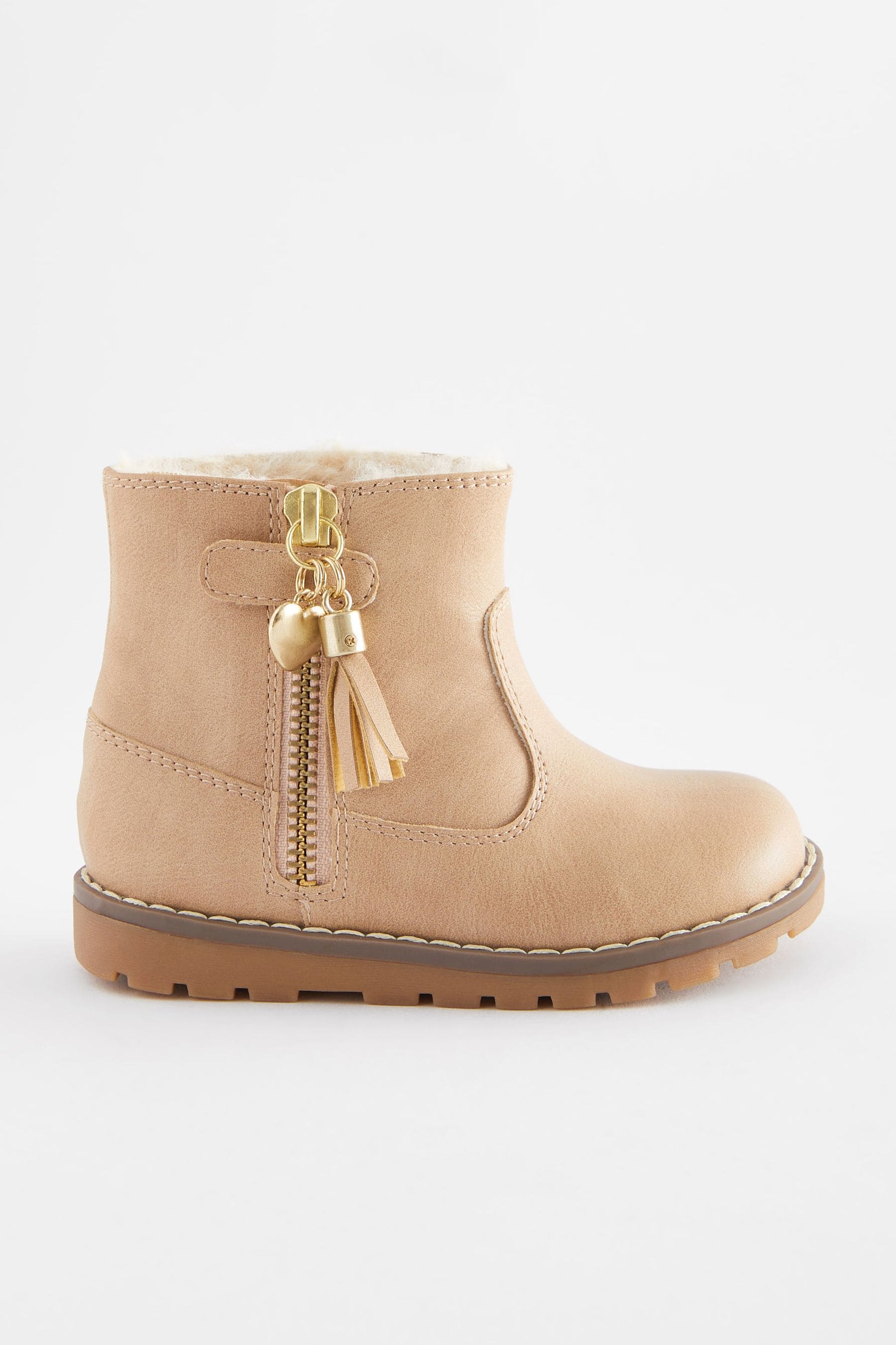 Beige Brown Wide Fit (G) Warm Lined Tassel Detail Zip Boots