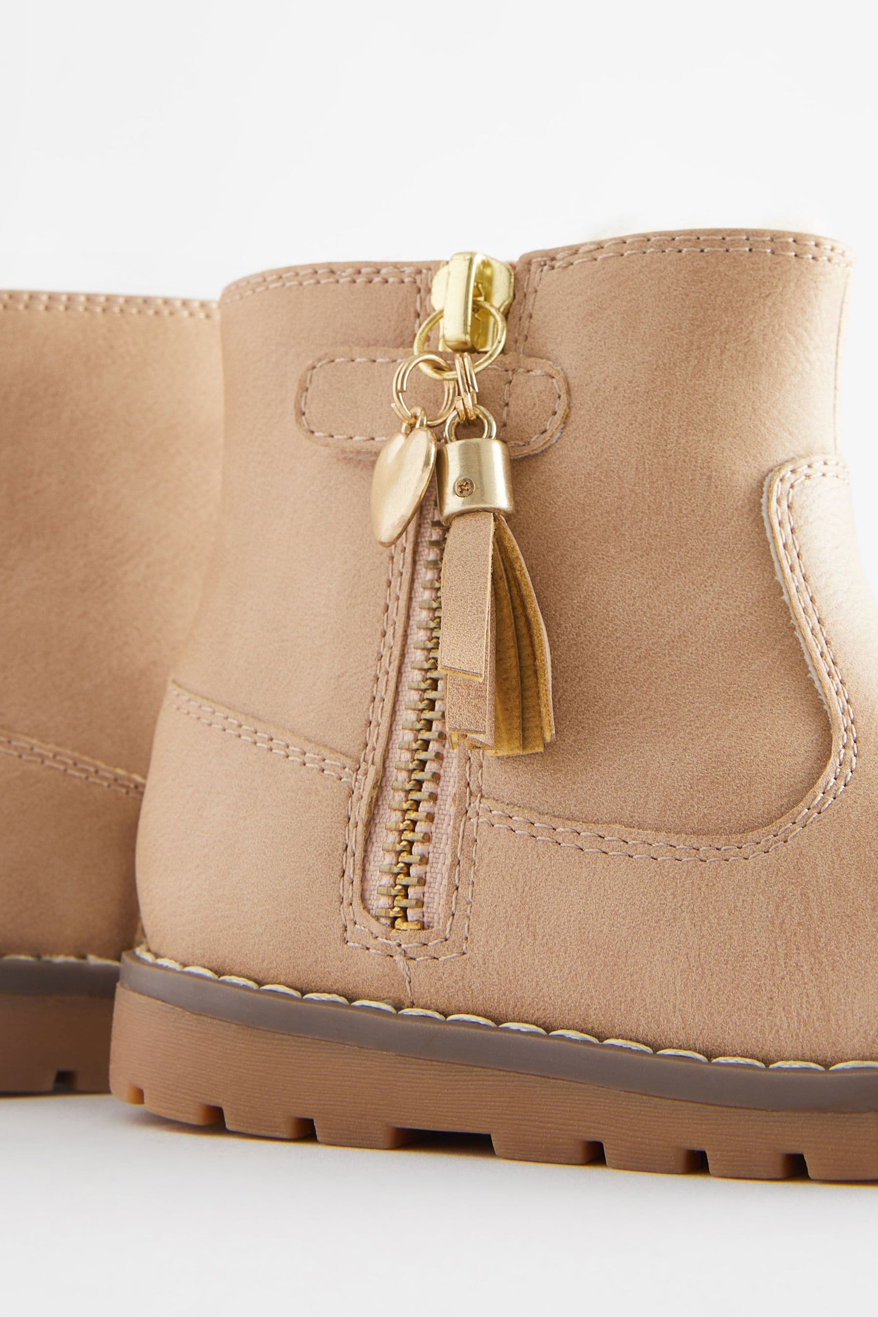 Beige Brown Wide Fit (G) Warm Lined Tassel Detail Zip Boots