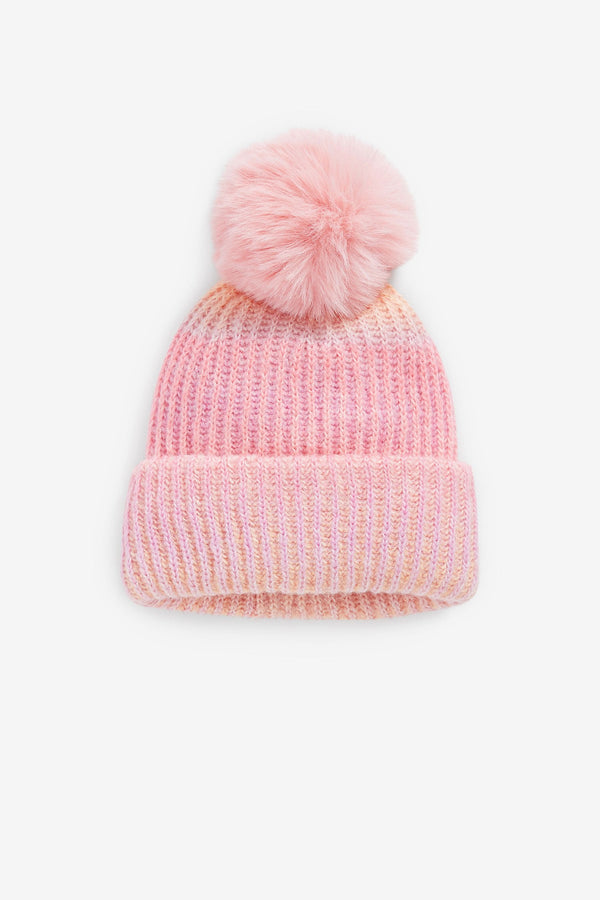 Peach Pink Chunky Rib Pom Pom Beanie Hat (3mths-16yrs)