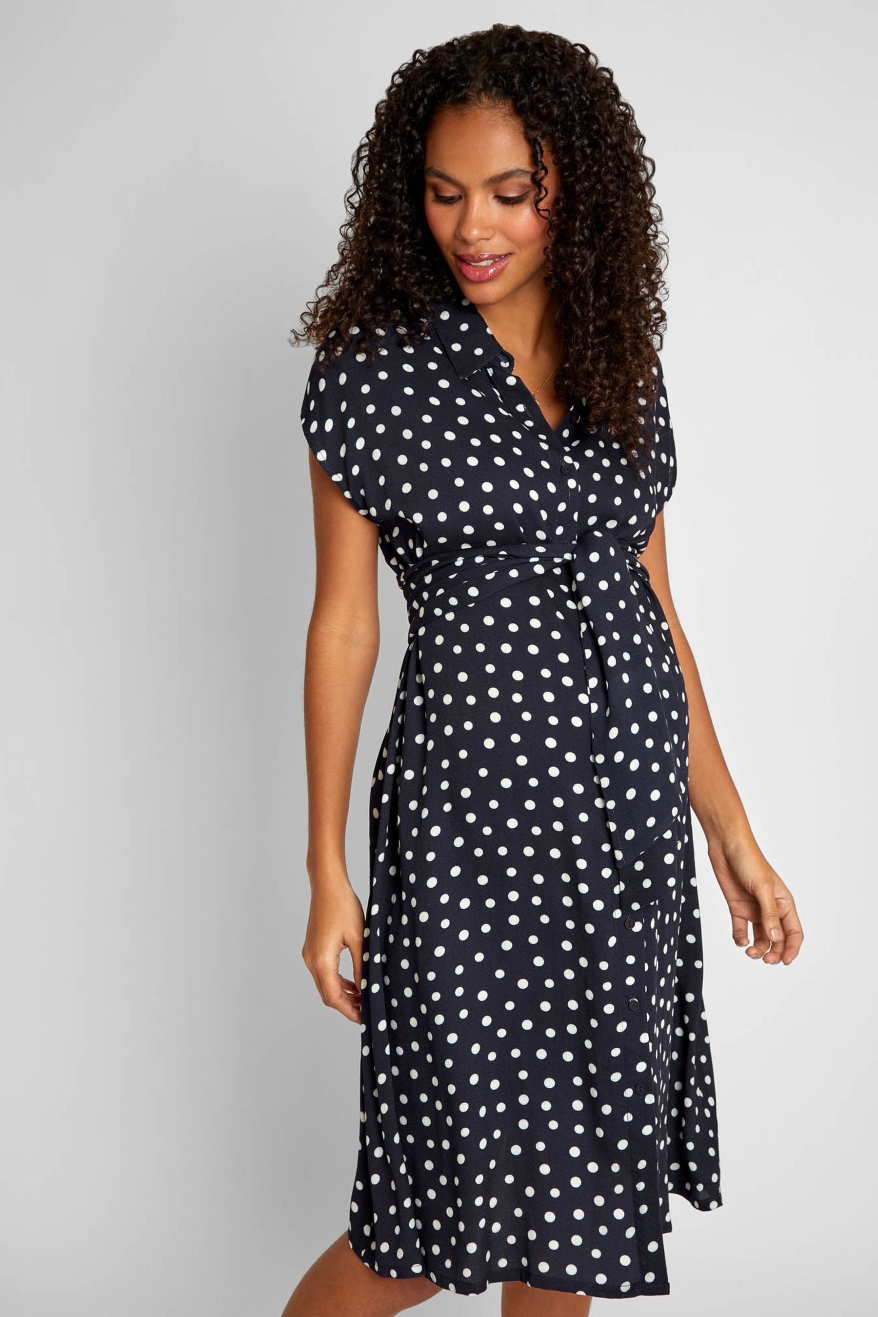 Navy Blue & White Spot JoJo Maman Bébé Maternity Shirt Dress With Tie