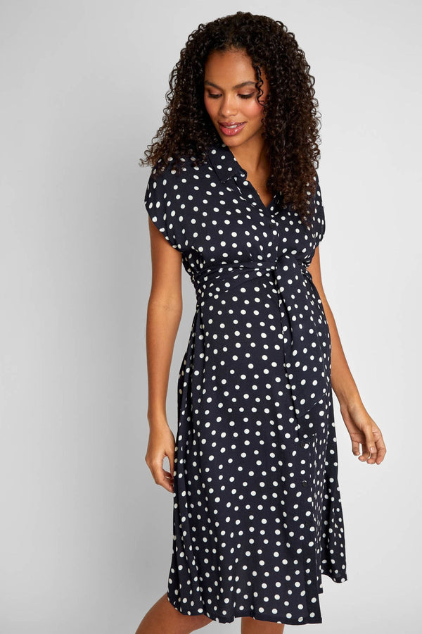 JoJo Maman B?©b?© Navy Blue & White Spot Maternity Shirt Dress With Tie