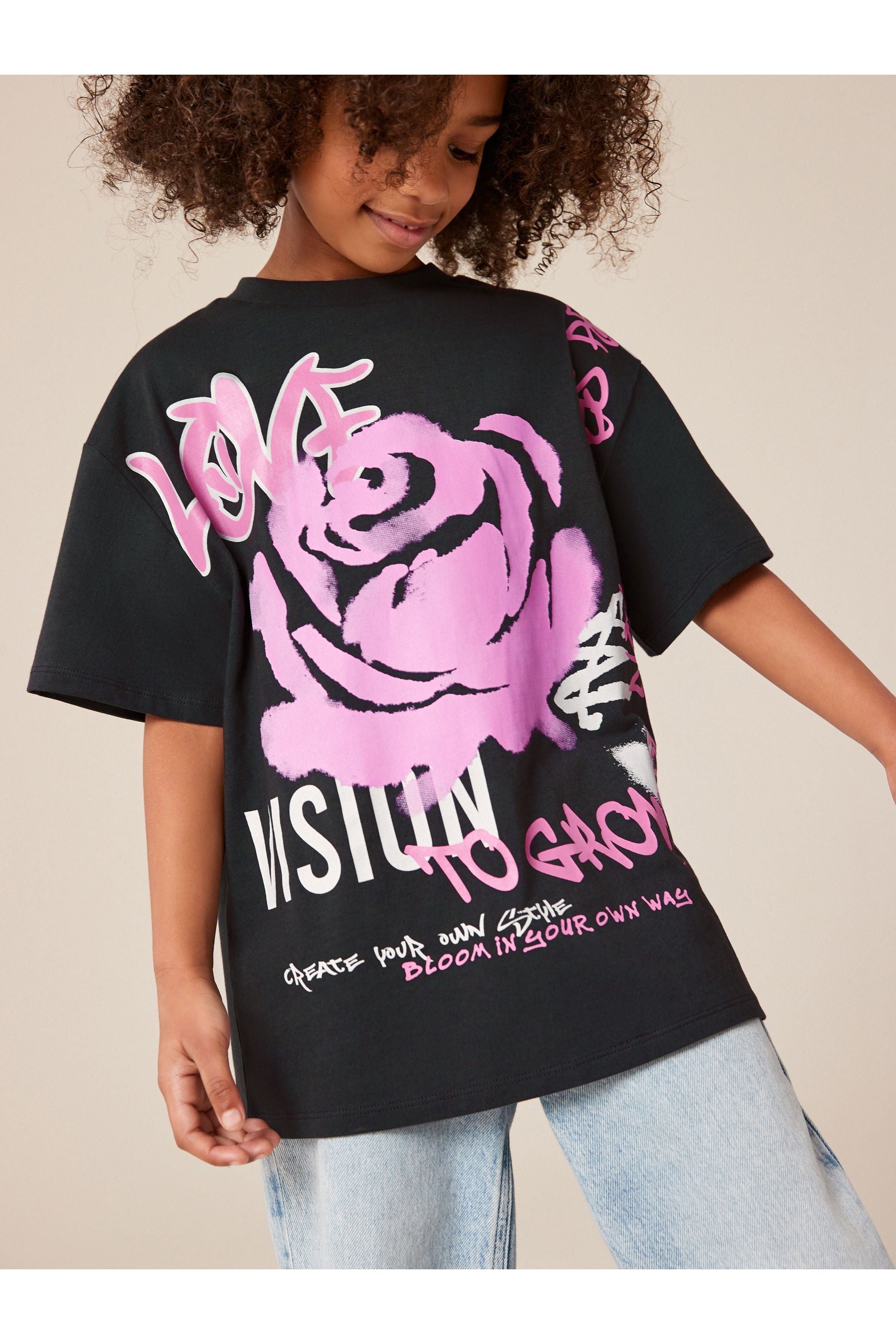 Charocal Grey Graffiti Rose T-Shirt (3-16yrs)