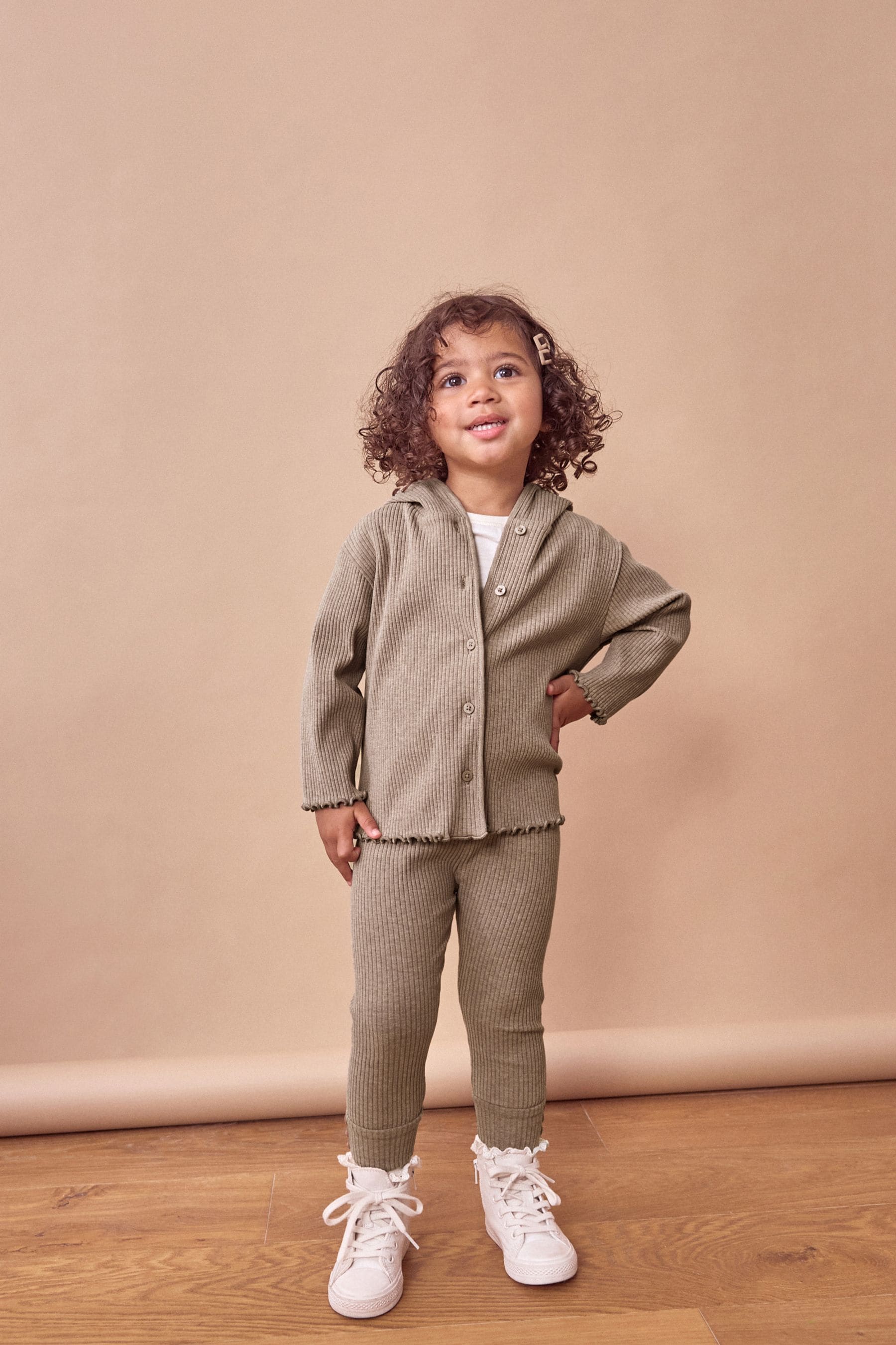 Tan Brown Rib Long Sleeve Button-up Top and Leggings Set (3mths-7yrs)