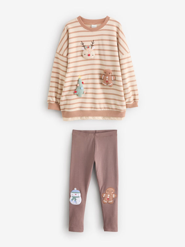 Pink Stripe Christmas Padded Characters Long Sleeve Top and Leggings Set (3mths-7yrs)