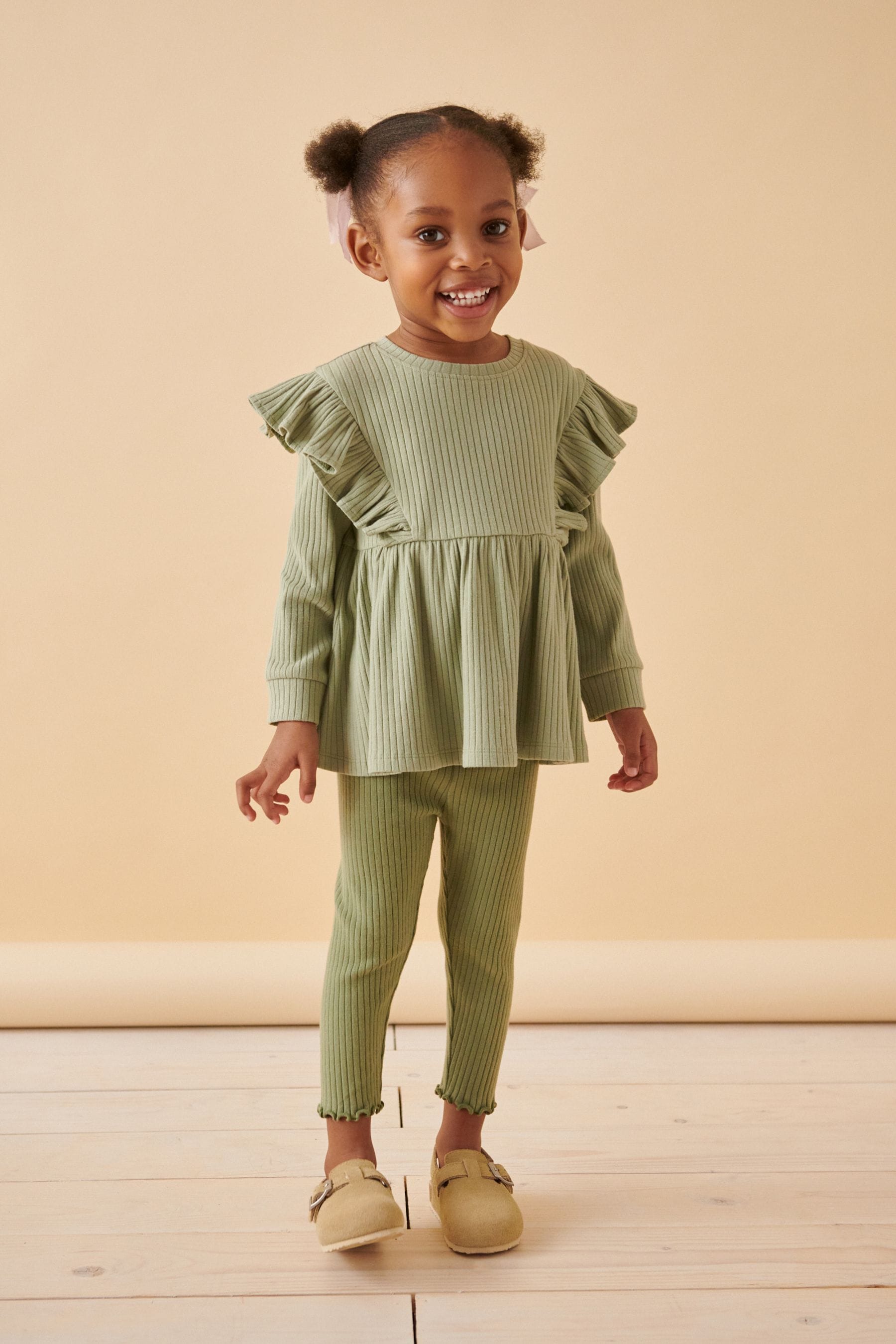 Green Brushed Ribbed Long Sleeve T-Shirt and Leggings Set (3mths-7yrs)