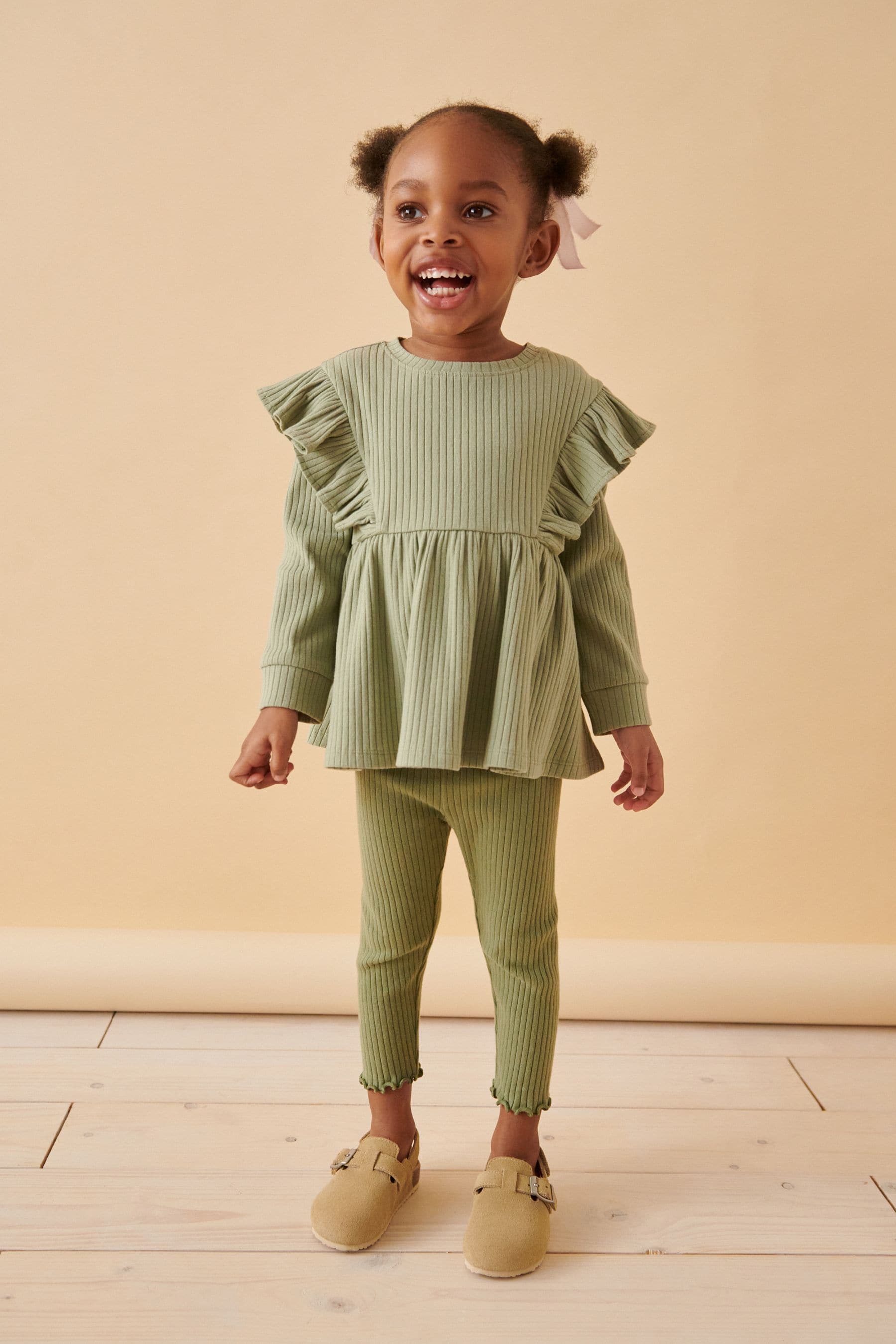 Green Brushed Ribbed Long Sleeve T-Shirt and Leggings Set (3mths-7yrs)