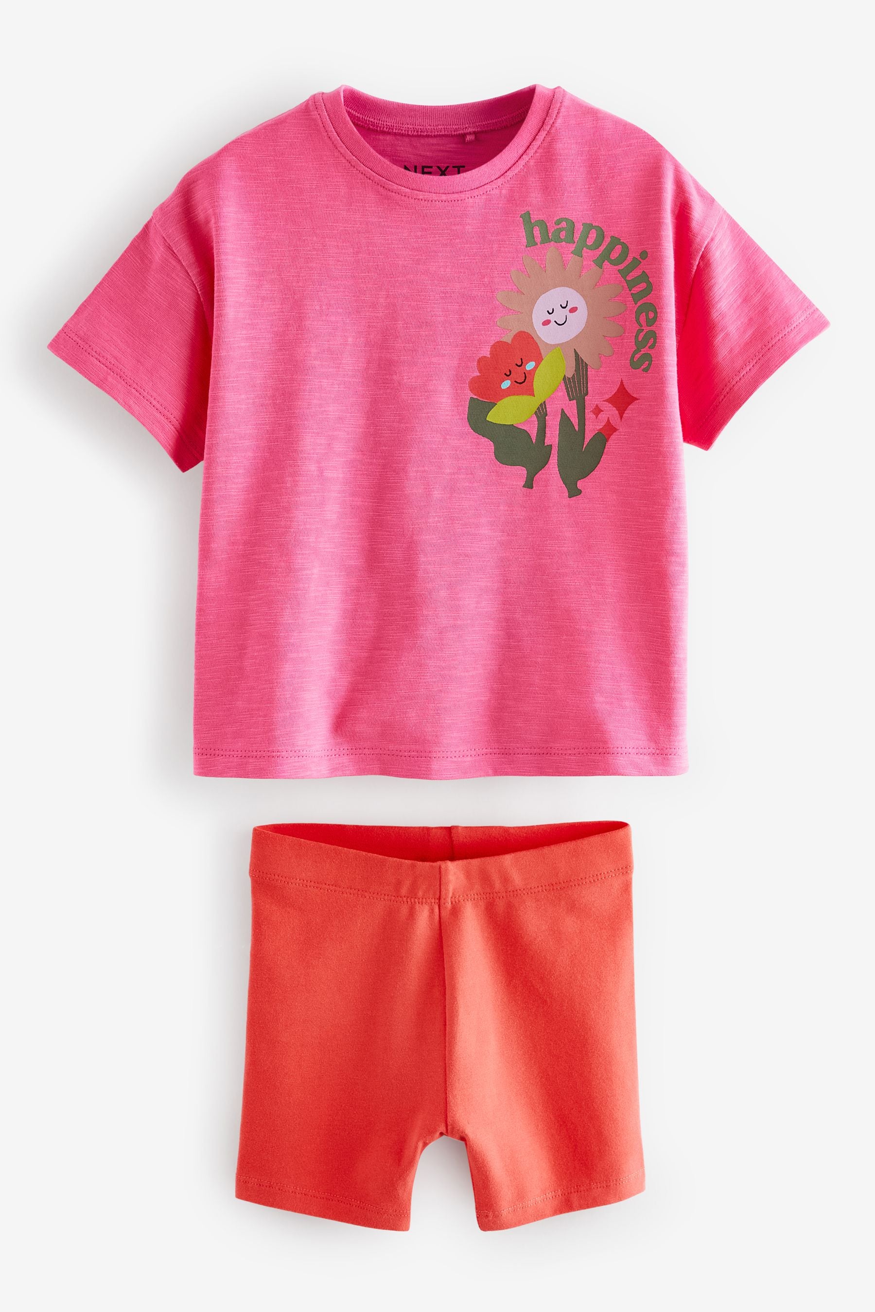 Bright Pink Flower 100% Cotton Short Sleeve Top and Cycle Shorts Set (3mths-7yrs)