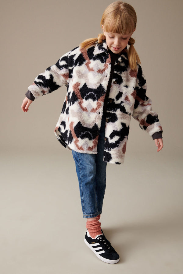 Neutral/Black Print Teddy Borg Fleece Shacket (3-16yrs)