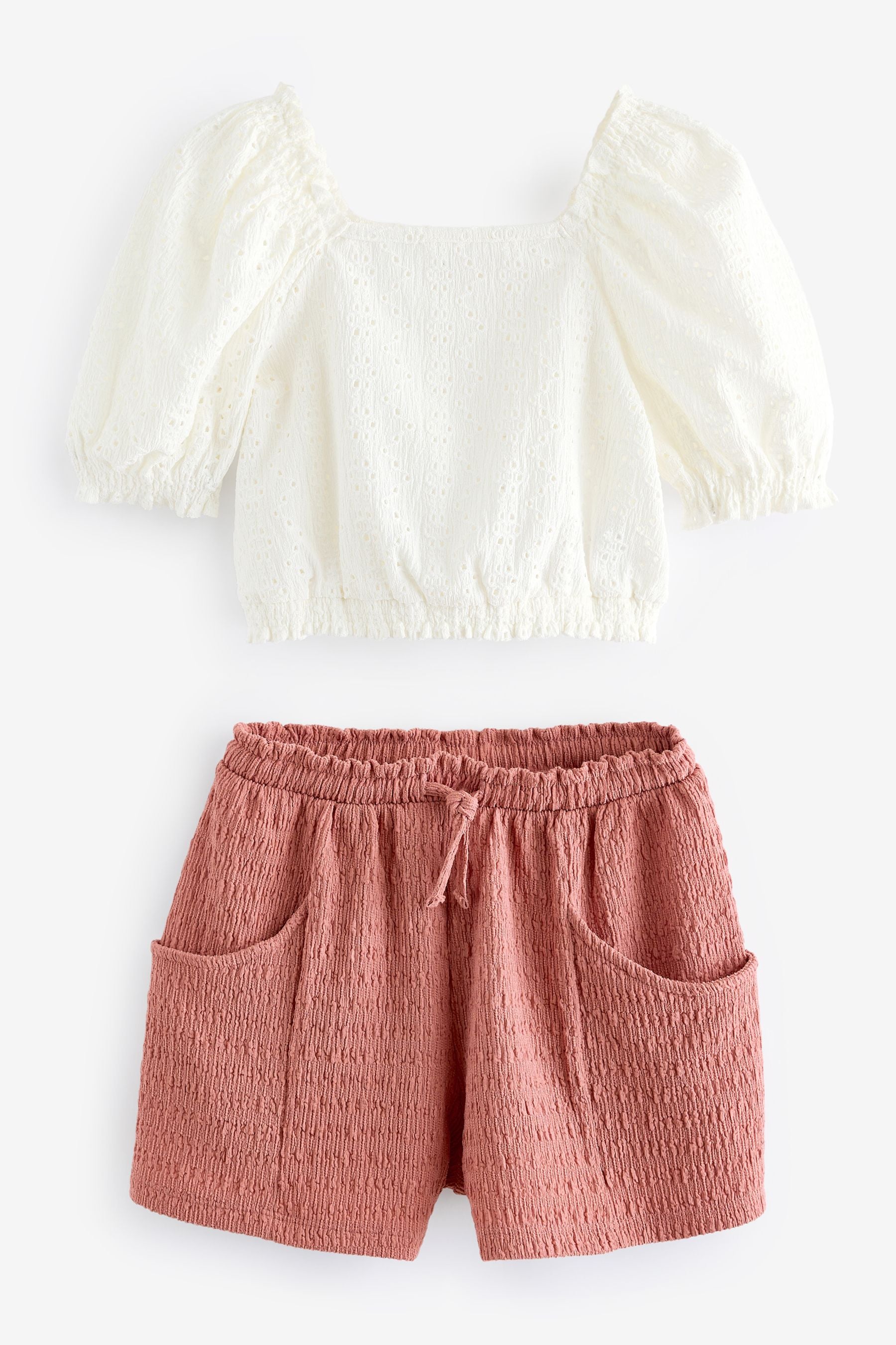 Ecru/Pink Broderie Top and Textured Shorts Set (3-16yrs)