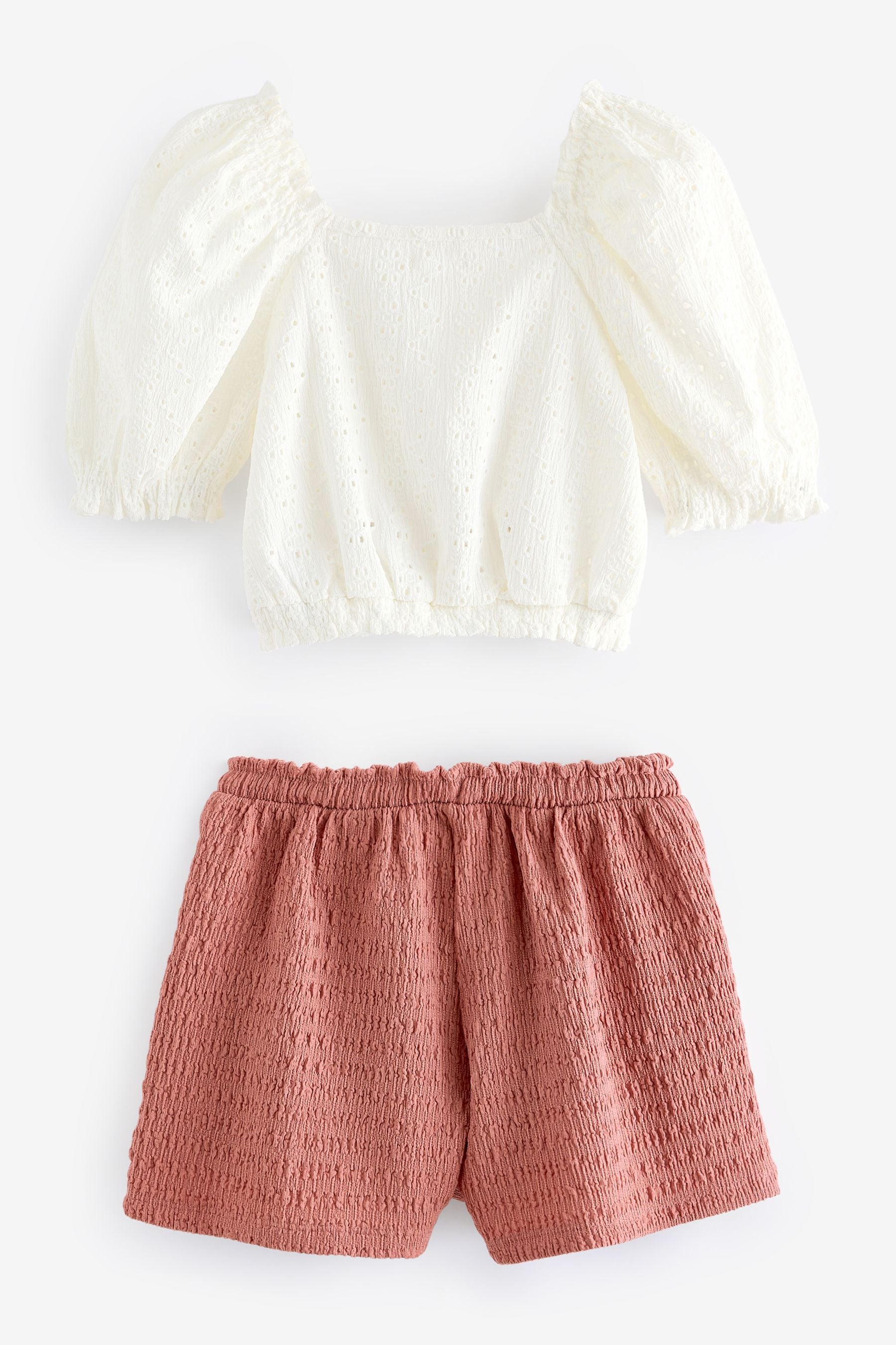 Ecru/Pink Broderie Top and Textured Shorts Set (3-16yrs)