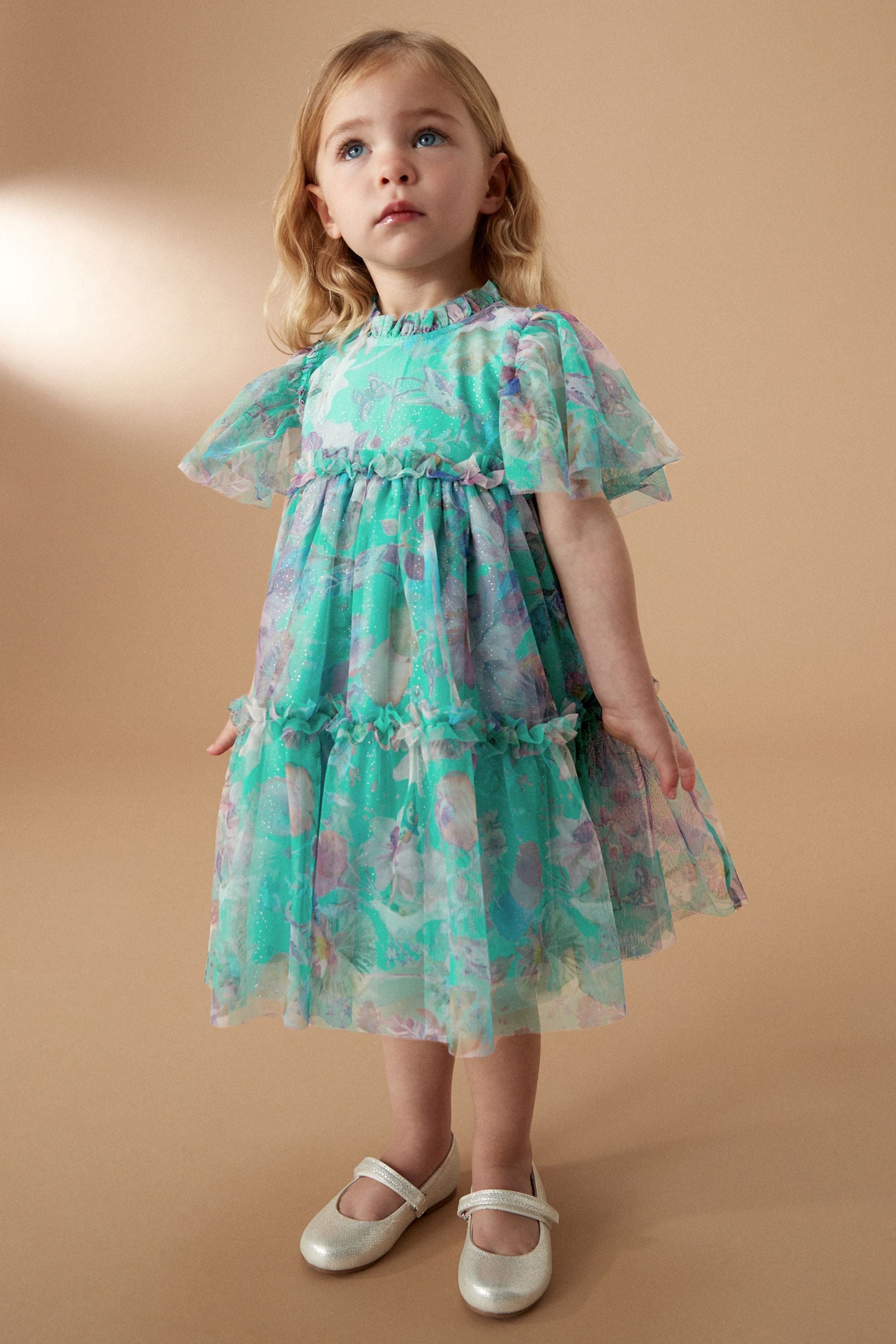 Green Floral Tiered Mesh Dress (3mths-7yrs)