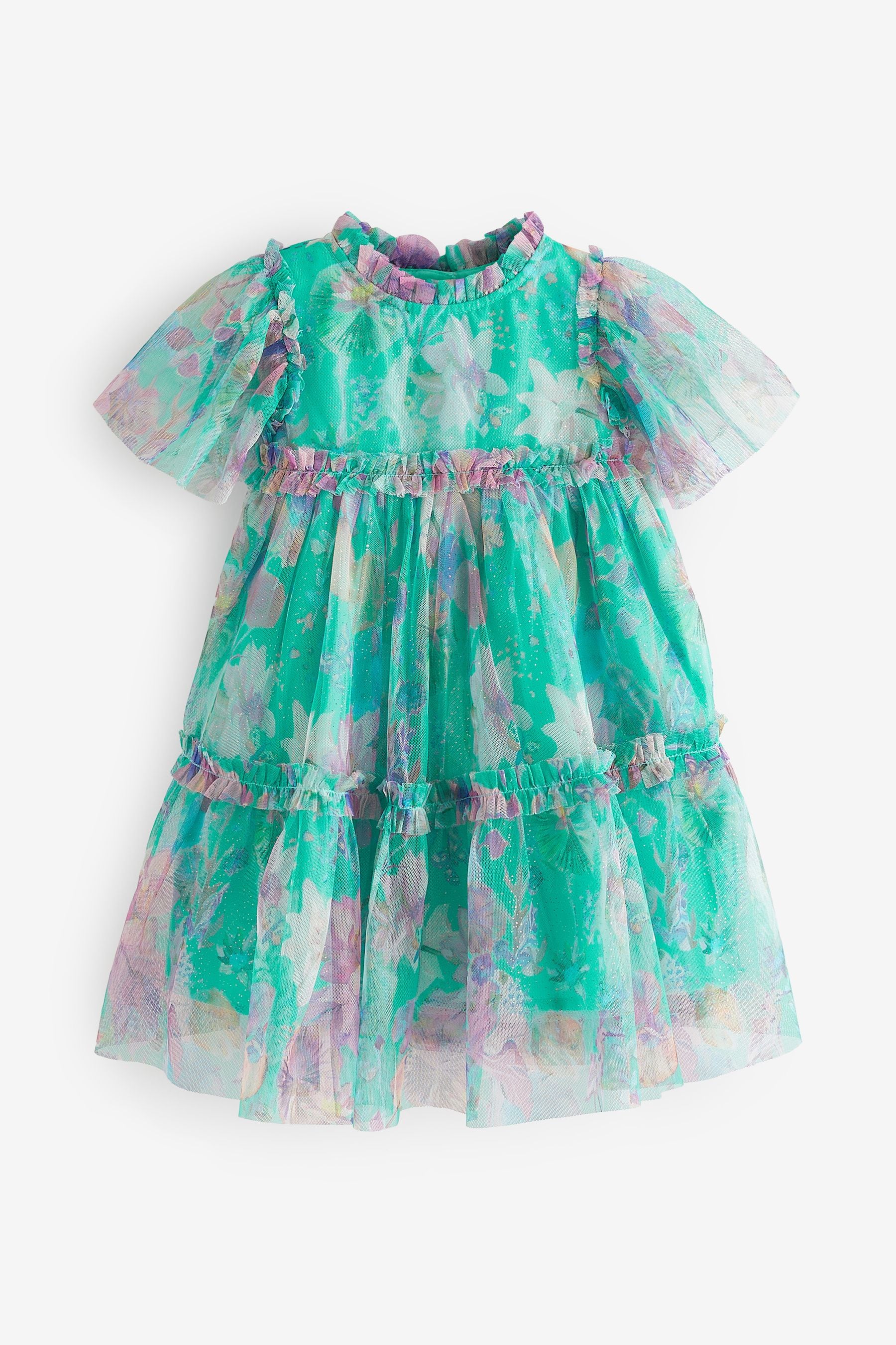 Green Floral Tiered Mesh Dress (3mths-7yrs)