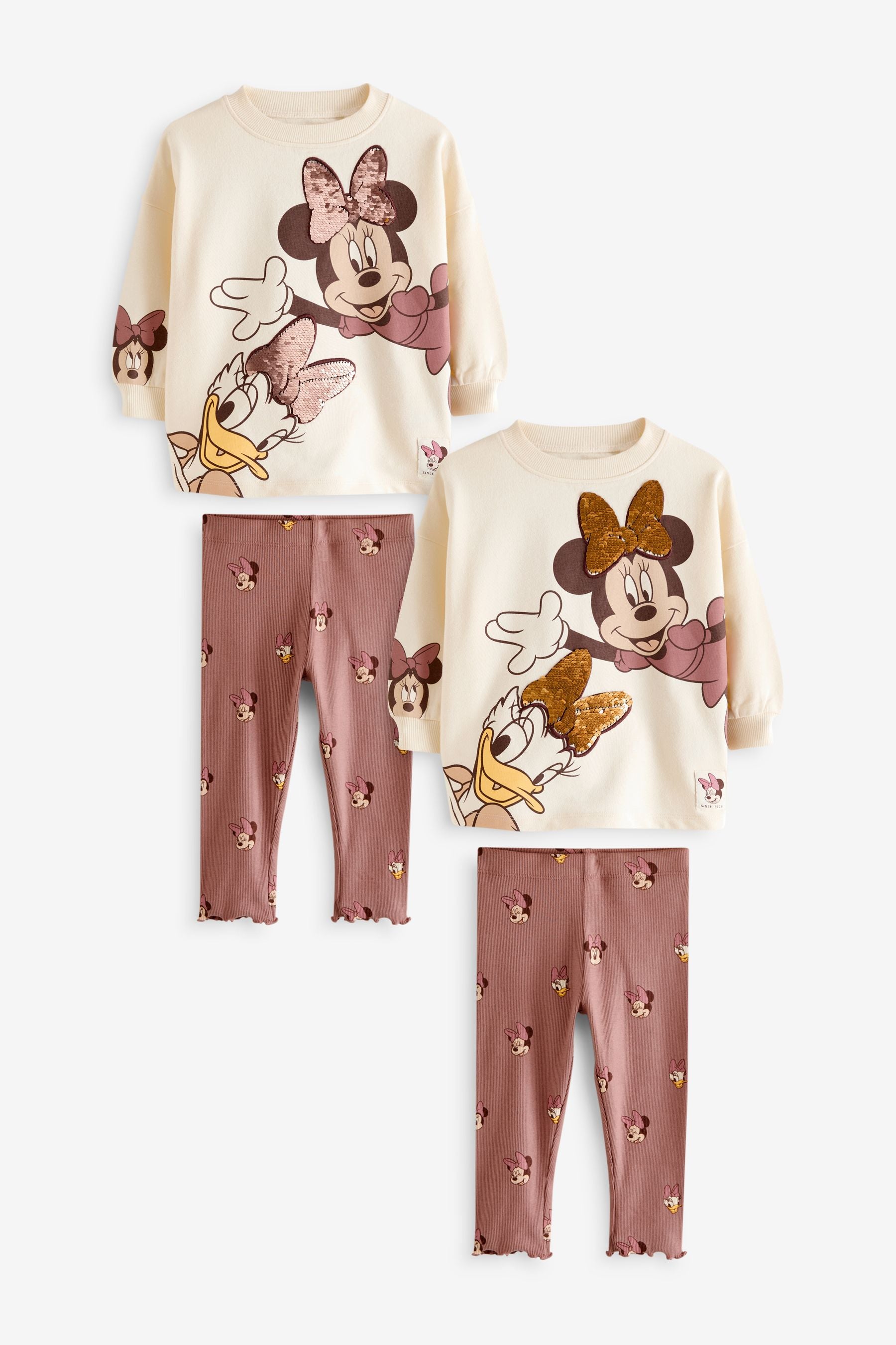 Ecru White Disney Minnie Mouse And Daisy Sequin Long Sleeve 100% Cotton T-Shirt And Leggings Set (3mths-7yrs)